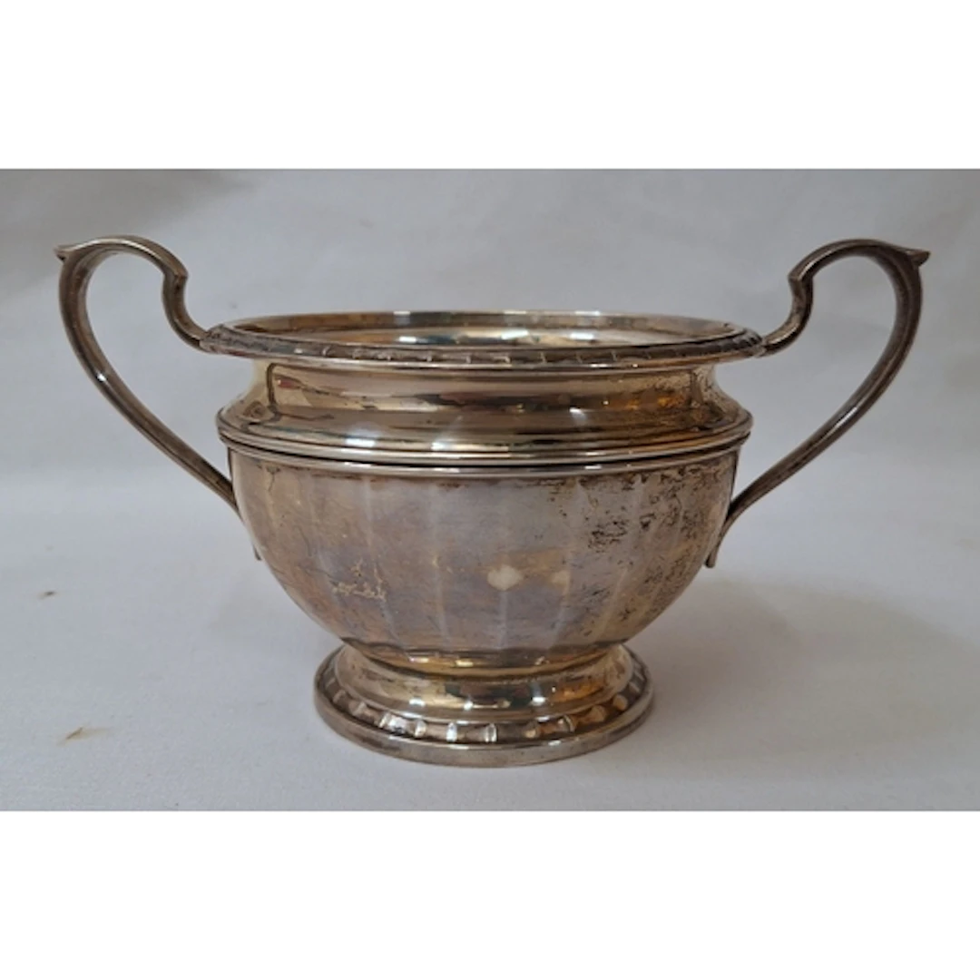 Silver 2 Handled Sugar Bowl, faceted body on raised domed fo...
