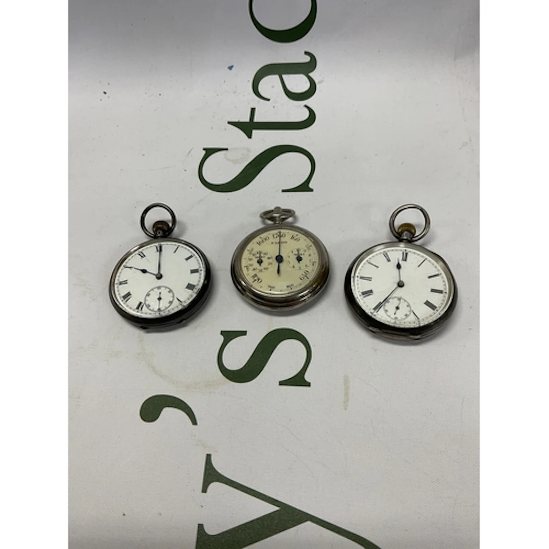 Two Silver pocket watches and Vintage pedometer.