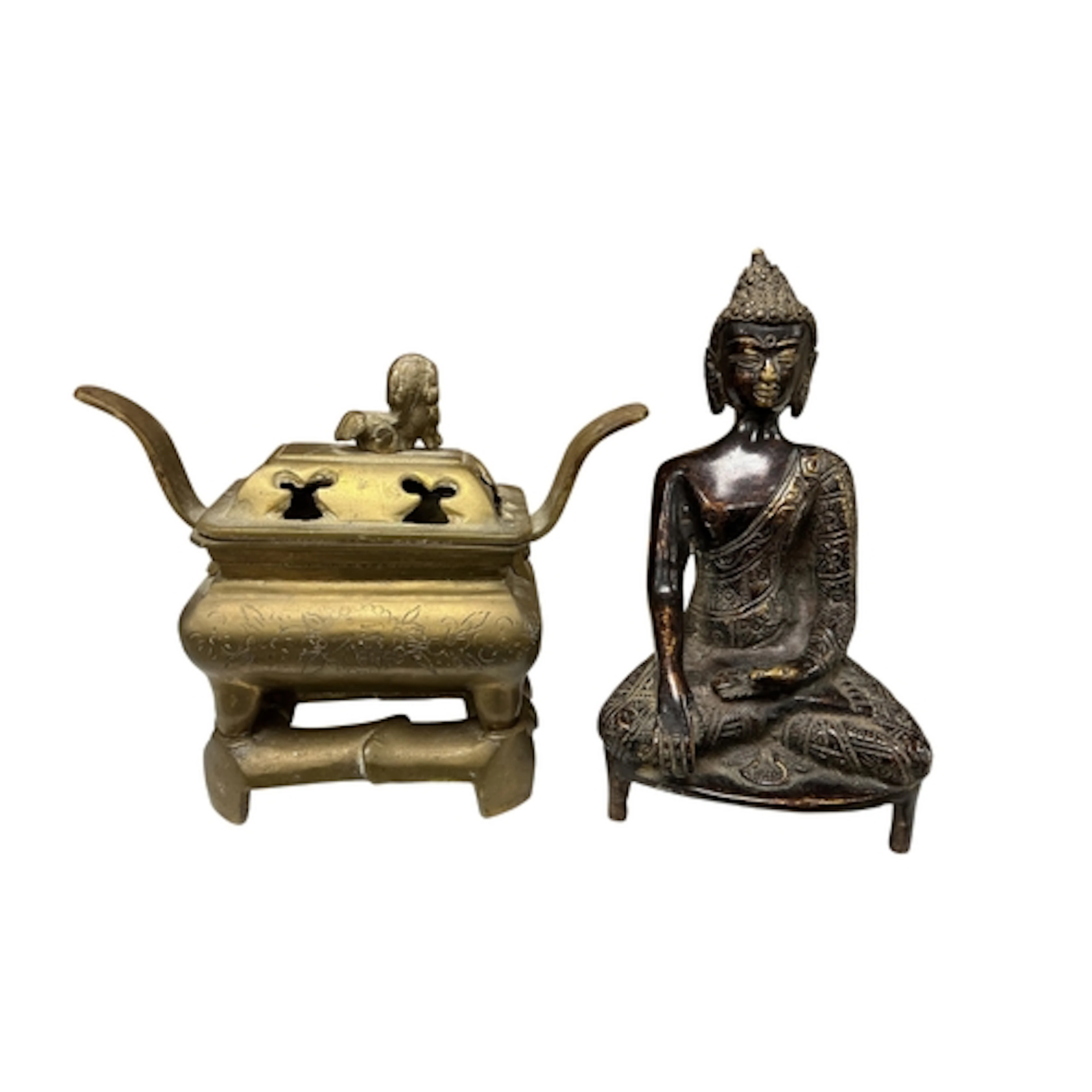 A bronze seated figure of Buddha and a brass censer, cover a...