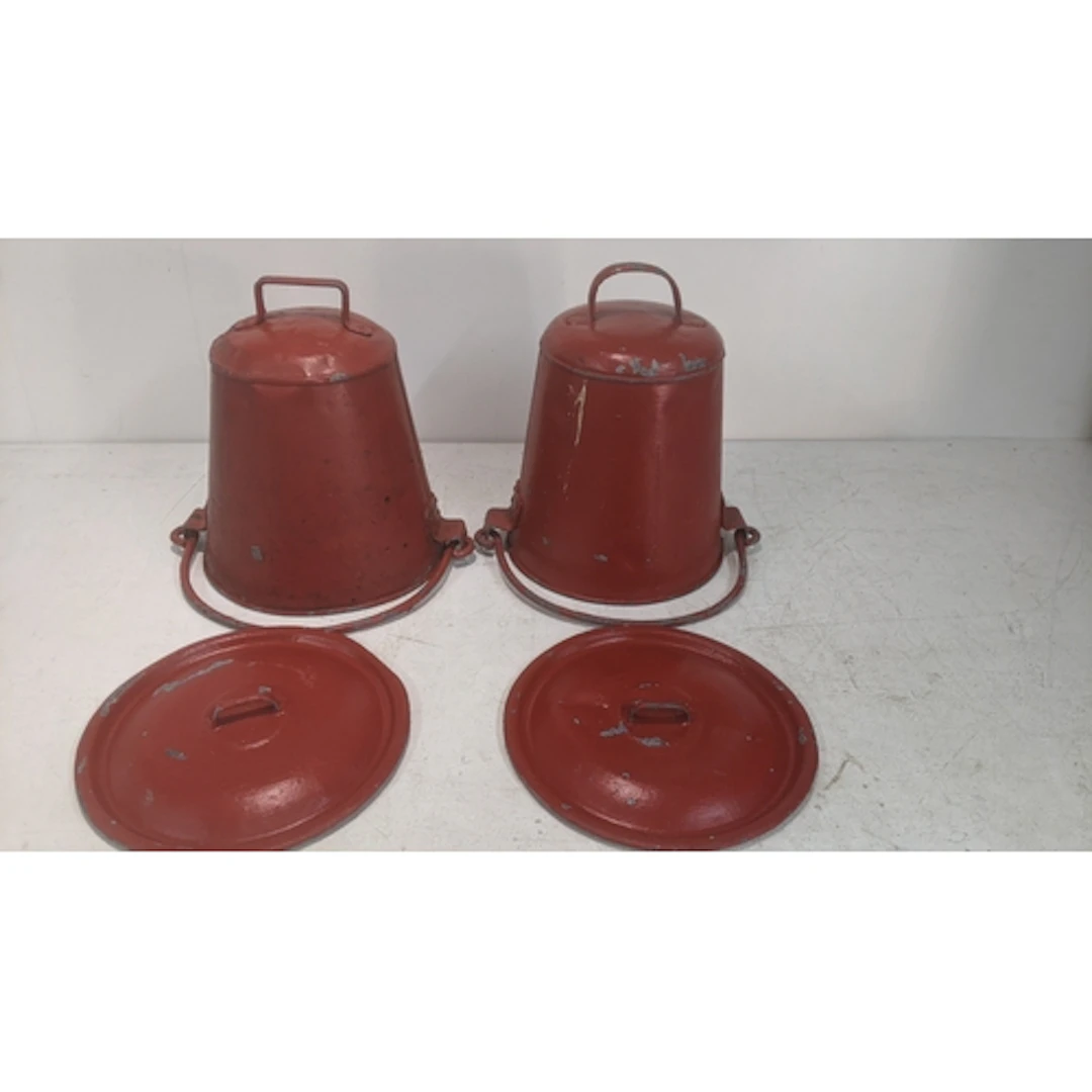 Two vintage hangable galvanised metal red fire buckets with ...