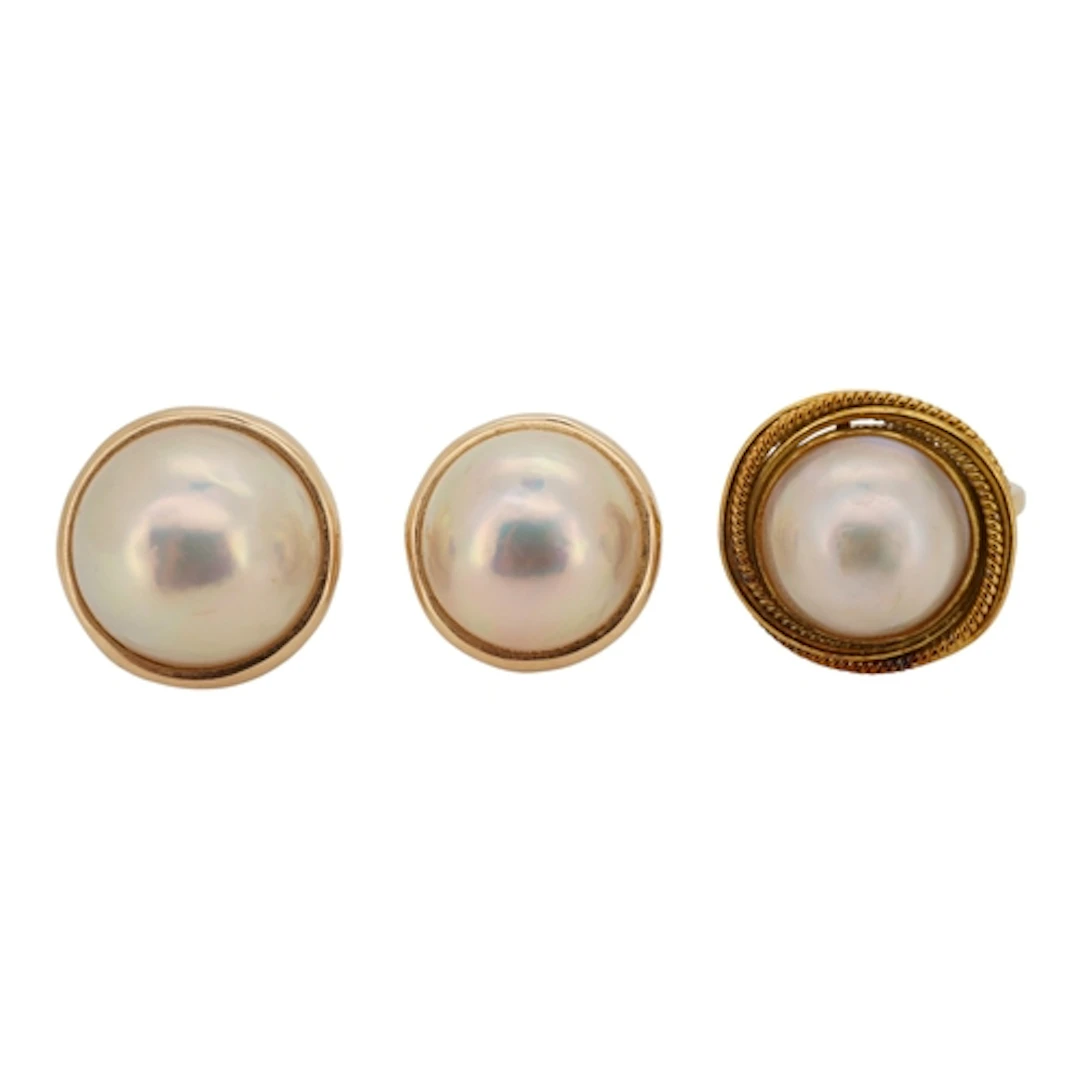A pair of 18k mounted mabe pearl earrings, diameter approx. ...