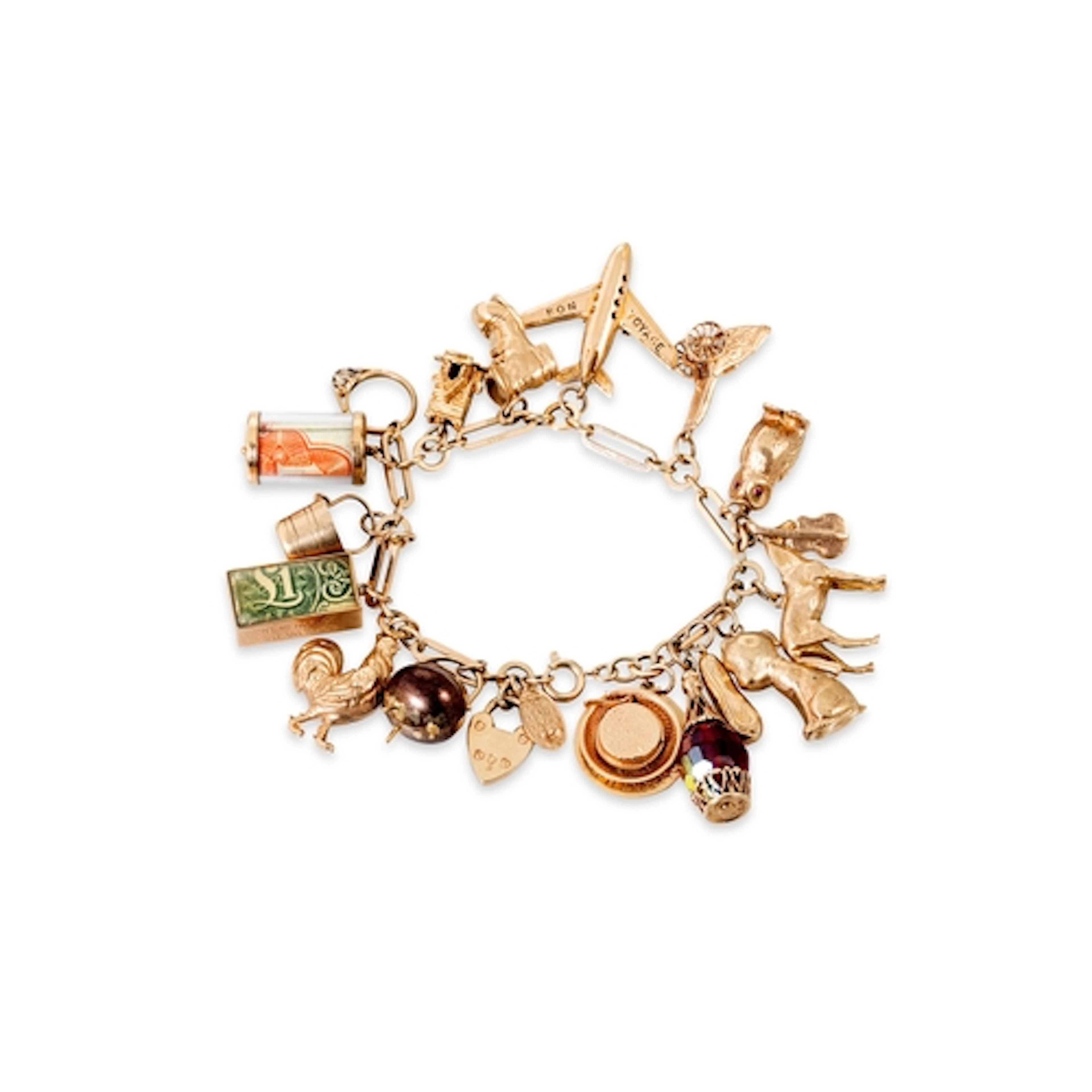 A VINTAGE 9CT GOLD FLAT TROMBONE LINK CHARM BRACELET, with v...