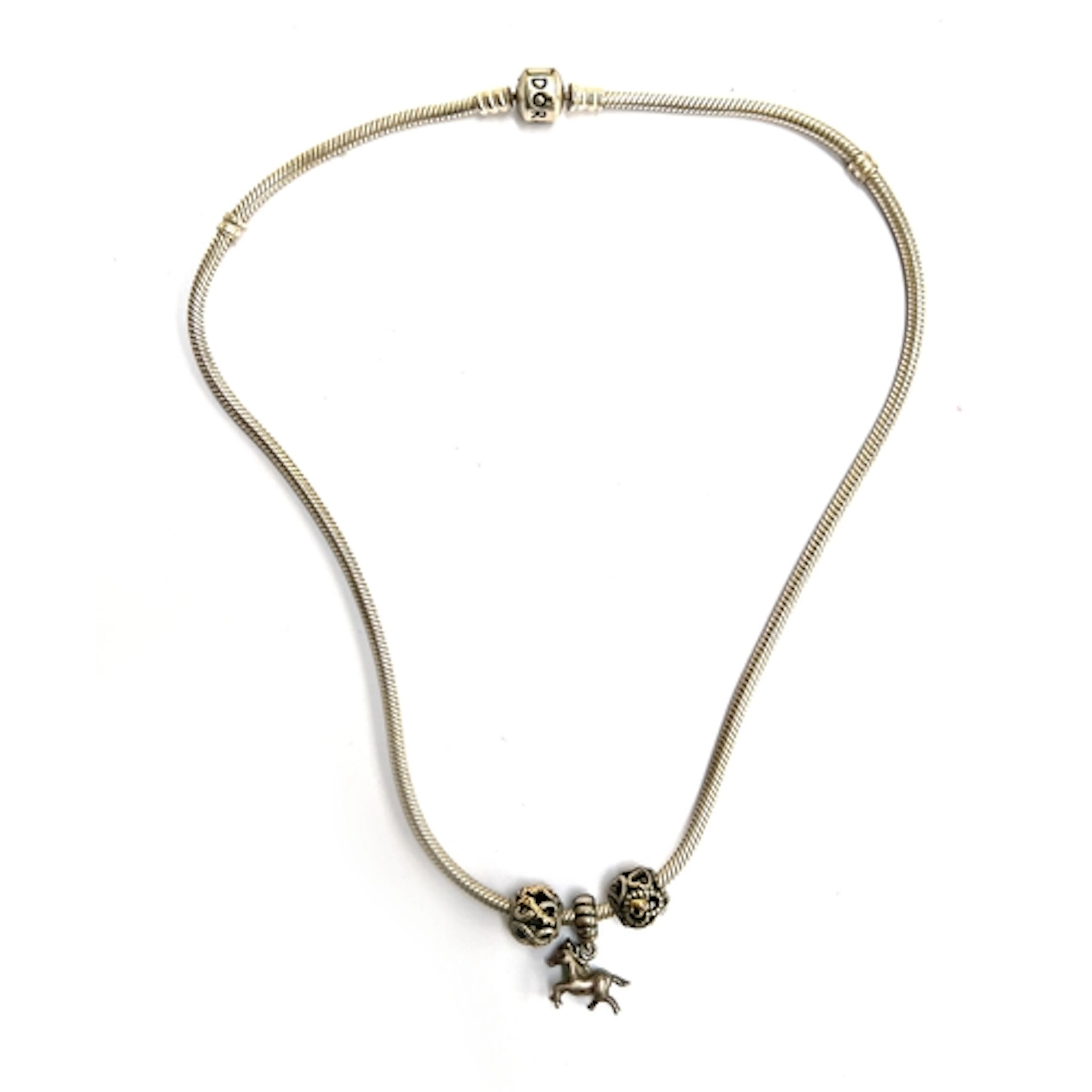 A Pandora silver necklace with horse charm and two others, t...