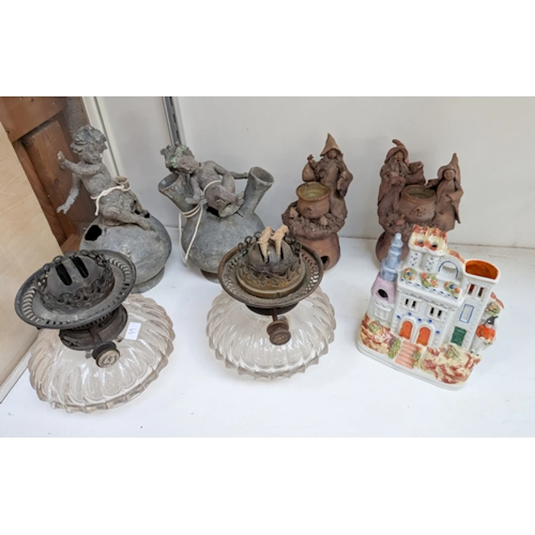 Two antique Art Nouveau double necked metal vases decorated ...
