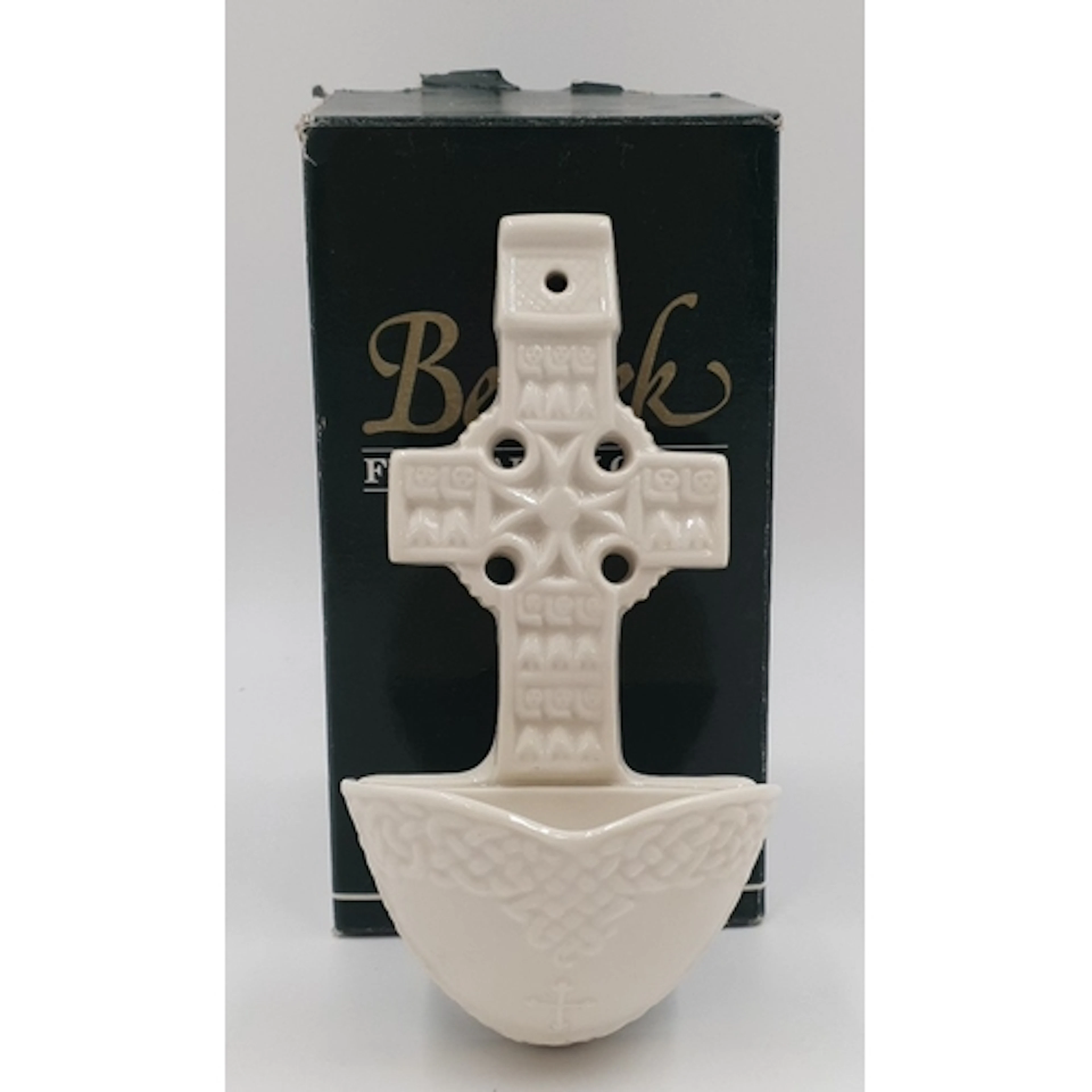 Boxed Belleek porcelain Celtic cross wall pocket in cream gl...