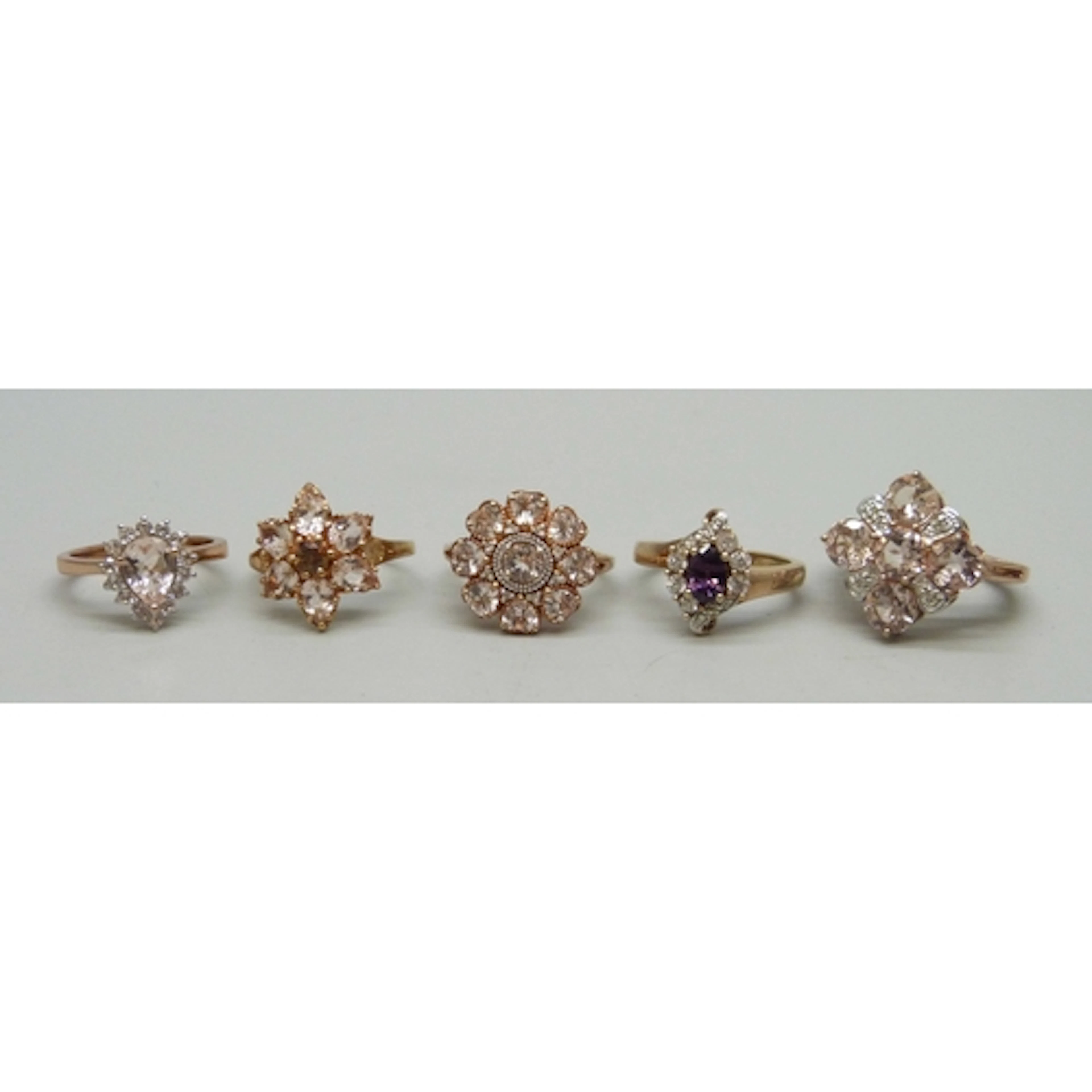 Five TGGC silver gilt gemstone rings, 19g total