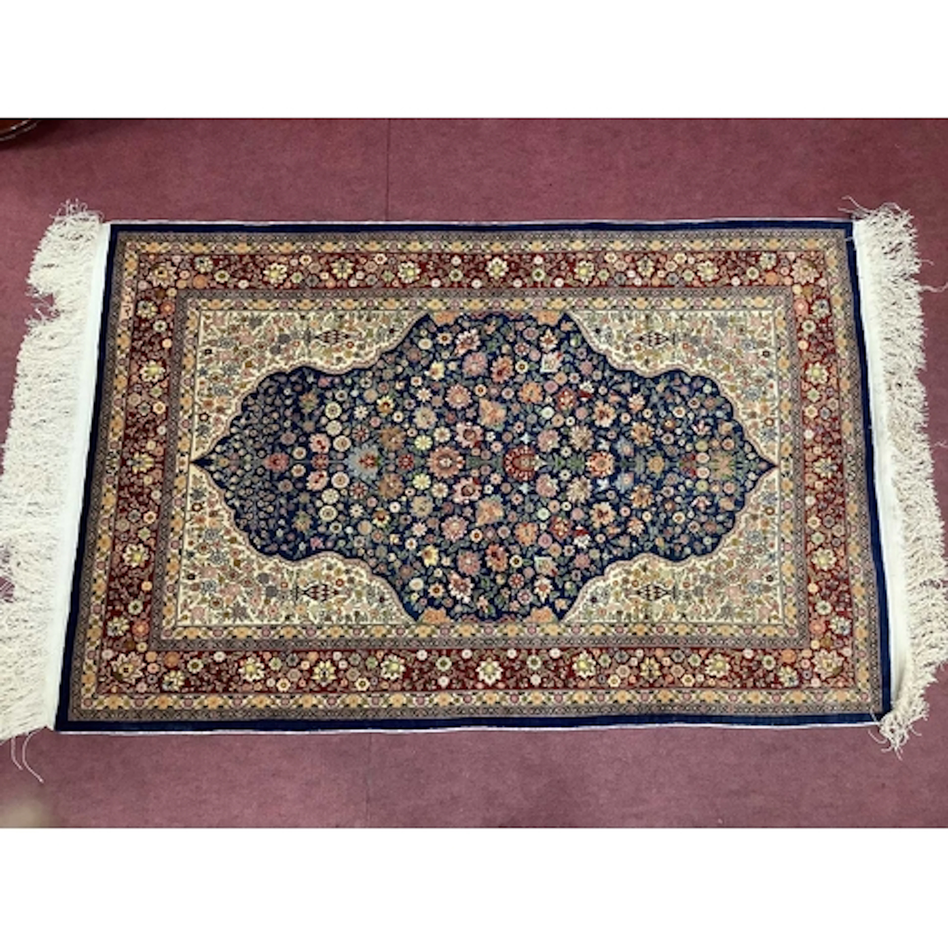 Turkish Silk Tassel Rug with all over floral decoration, tre...