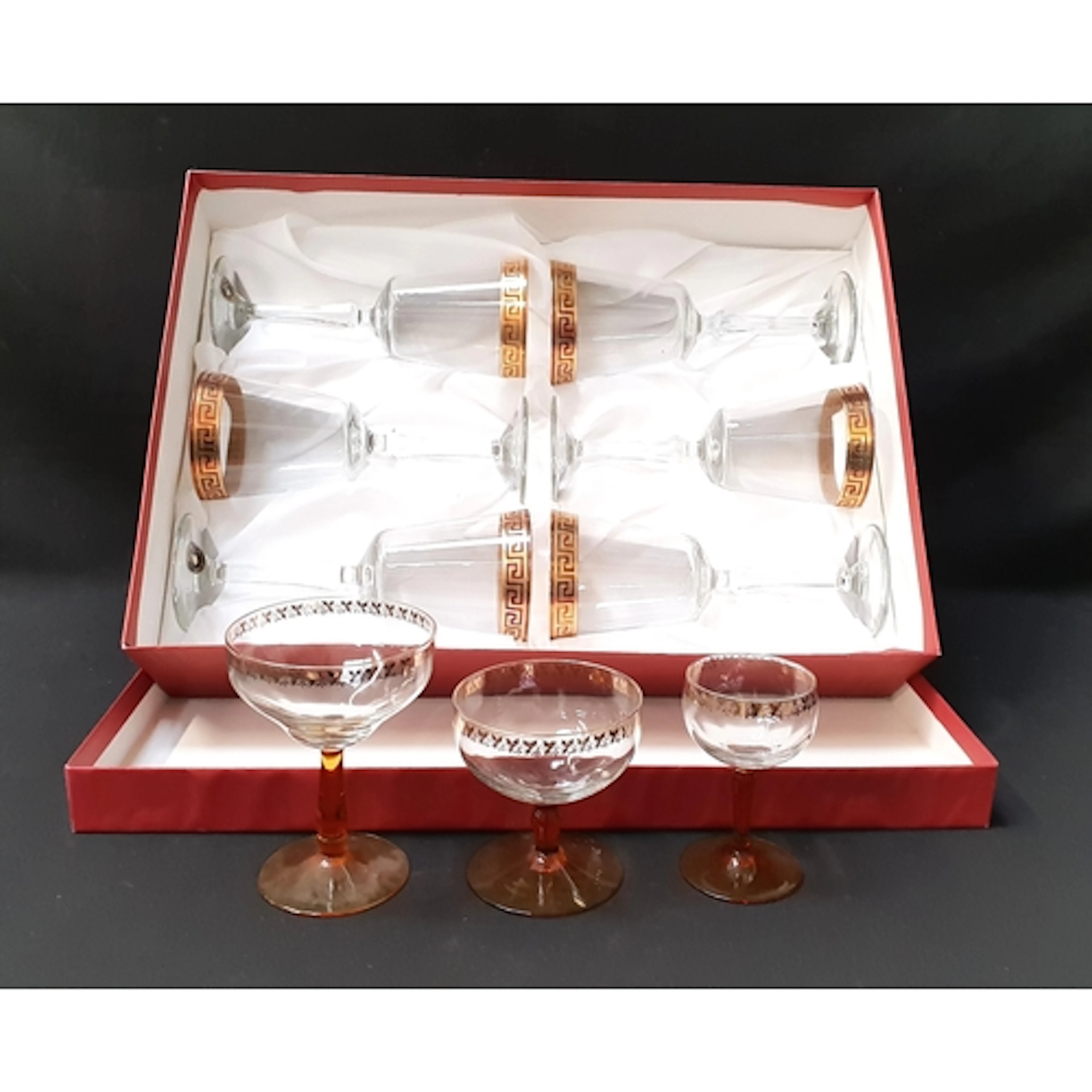 SIX CRISTALLERIA FUMO WINE GLASSES featuring gold Greek key ...