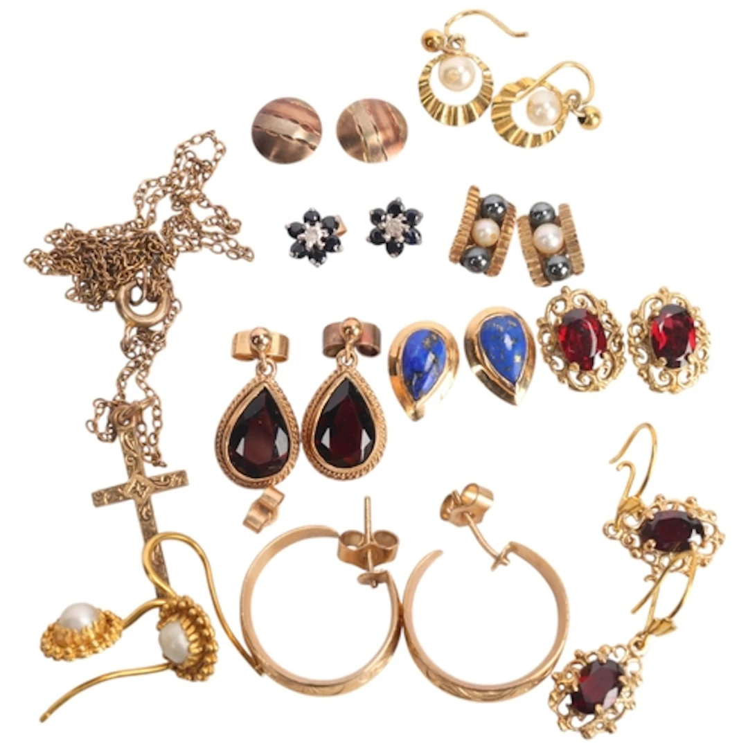 Various gold jewellery, comprising pair of 18ct gold pearl c...