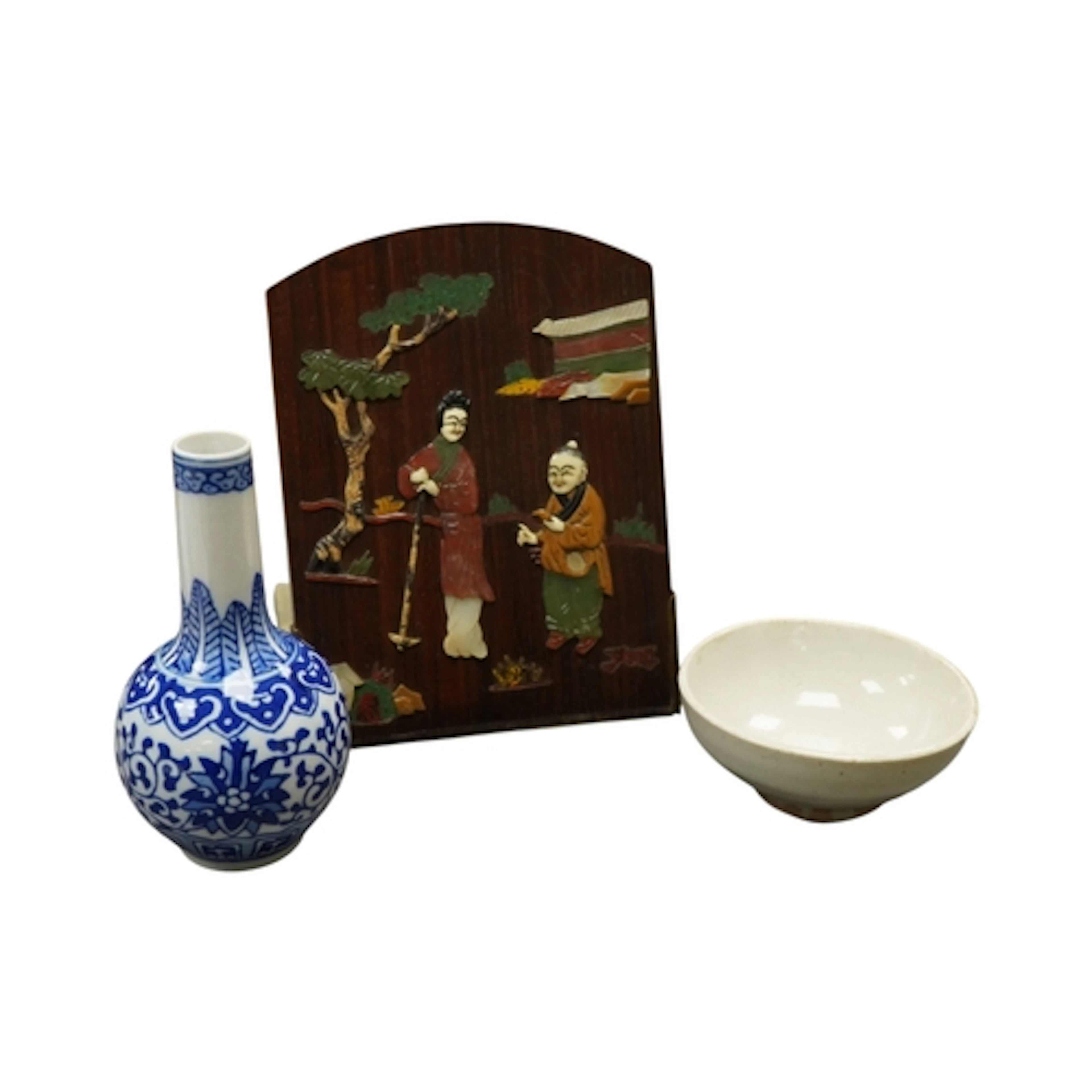 A small Chinese white glazed bowl, a soapstone inlaid booken...