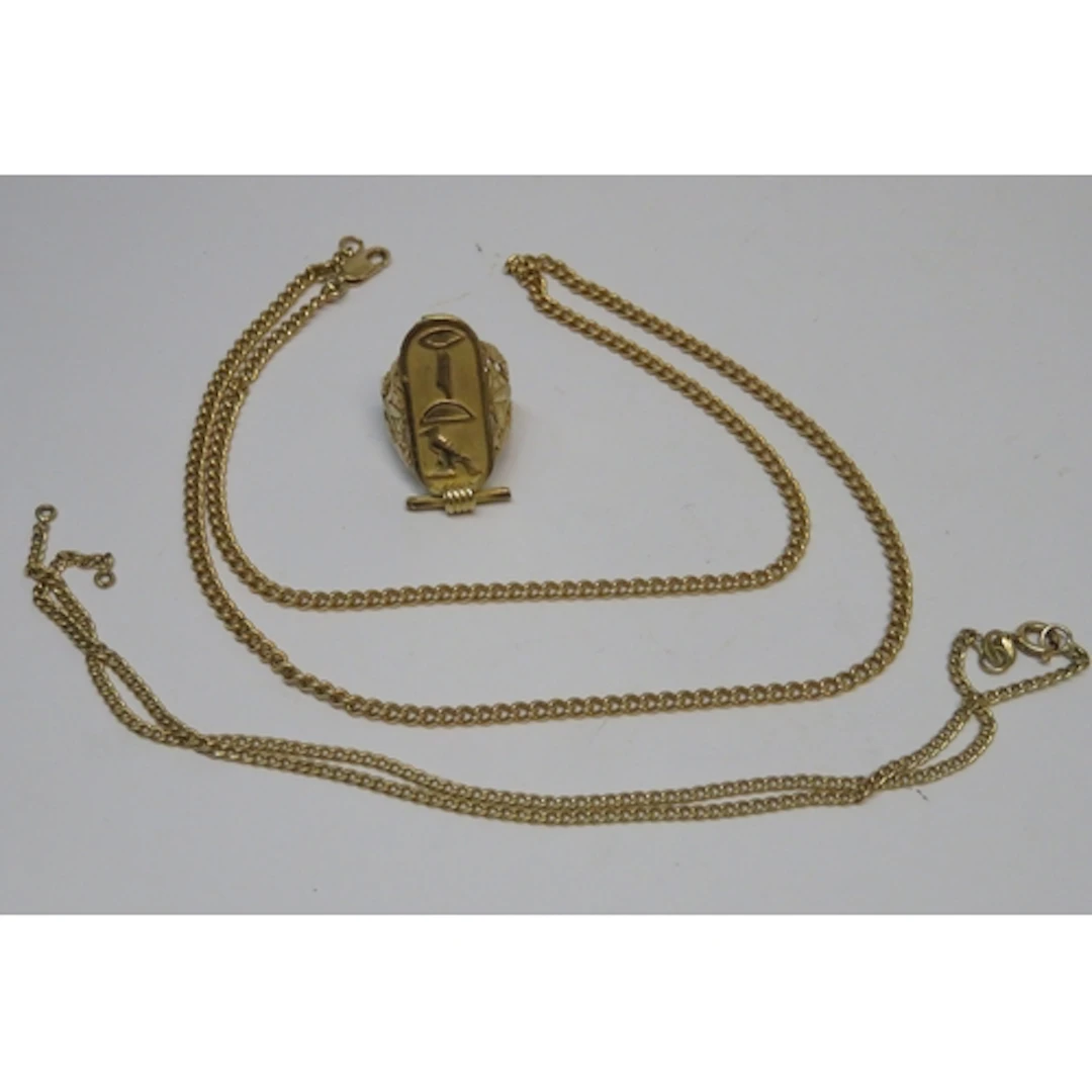 Two 18ct yellow gold neck chains (at fault), together with a...