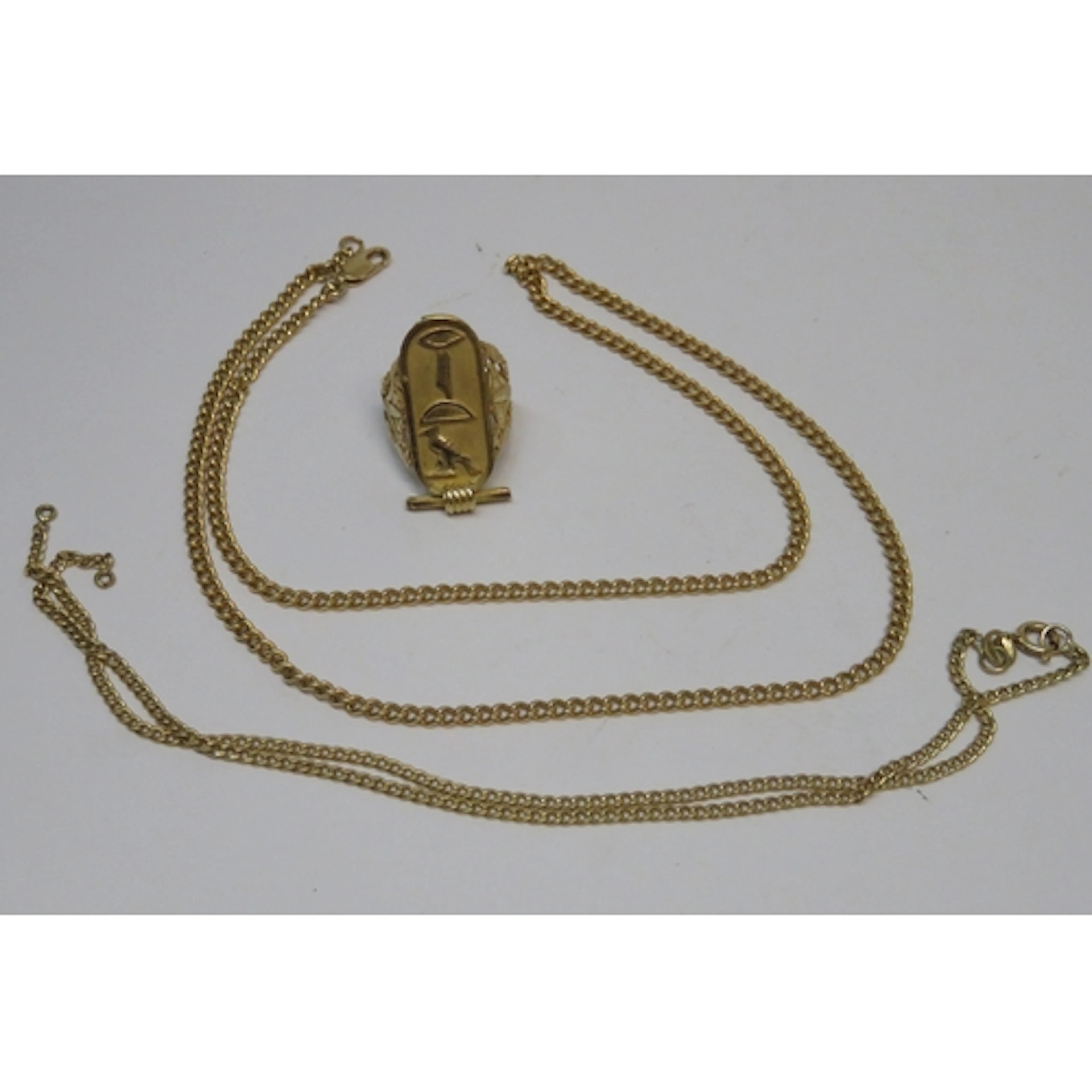 Two 18ct yellow gold neck chains (at fault), together with a...