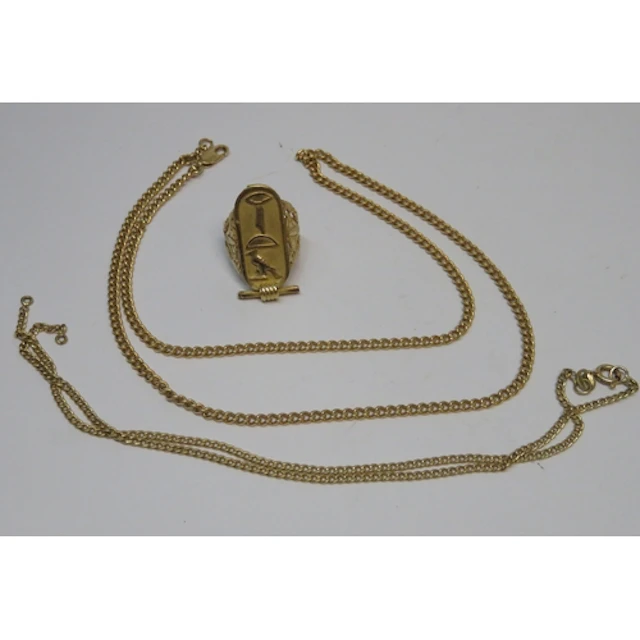 Two 18ct yellow gold neck chains (at fault), together with a...