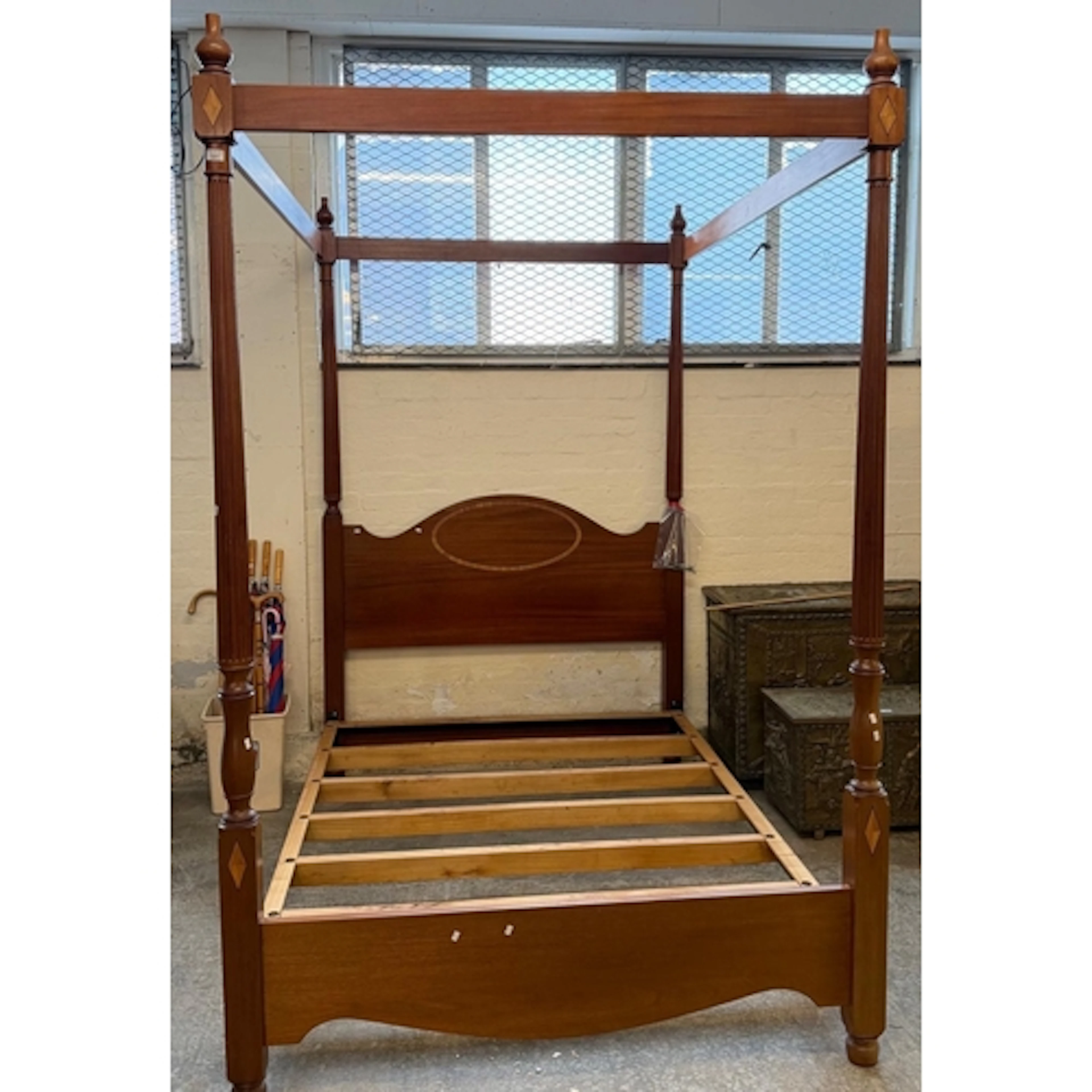 Edwardian style mahogany inlaid four poster bed. With frame....