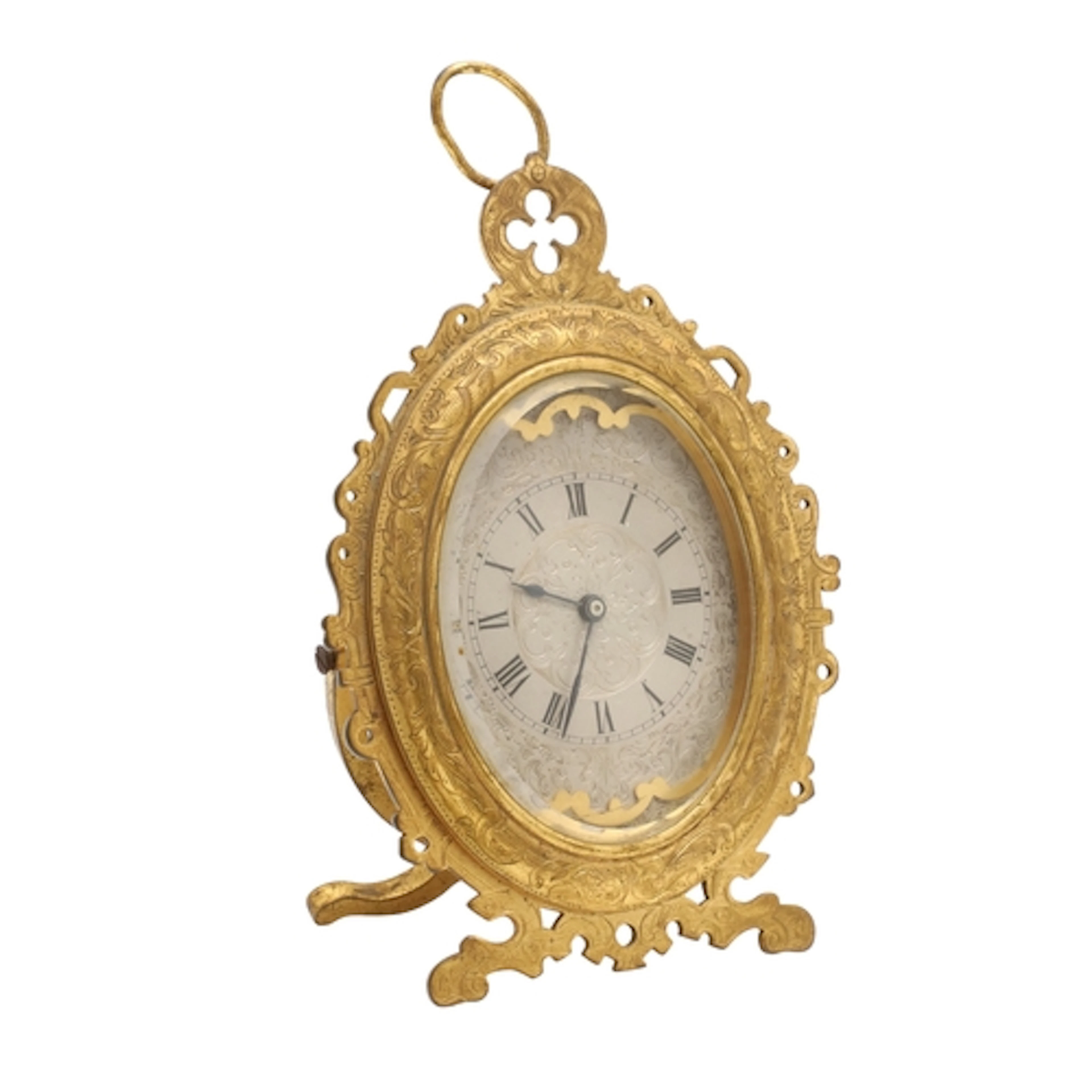 A VICTORIAN GILT METAL STRUT TIMEPIECE, IN THE MANNER OF THO...