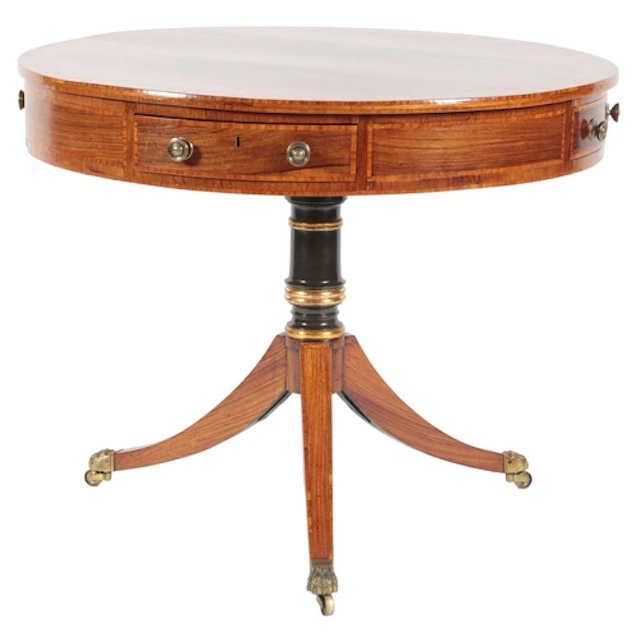 A George III rosewood and satinwood crossbanded drum table, ...