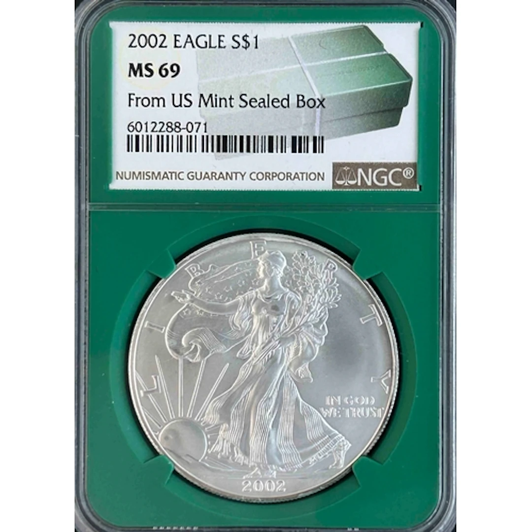 2002 USA $1 silver Eagle, from US Mint sealed box, slabbed a...