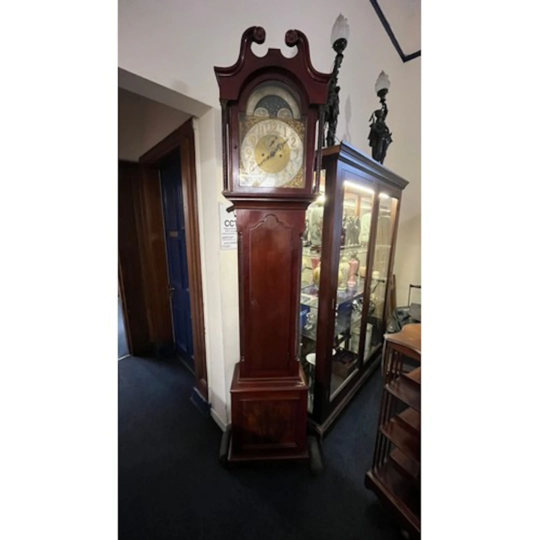 Mahogany longcase grandfather clock with brass arched dial a...
