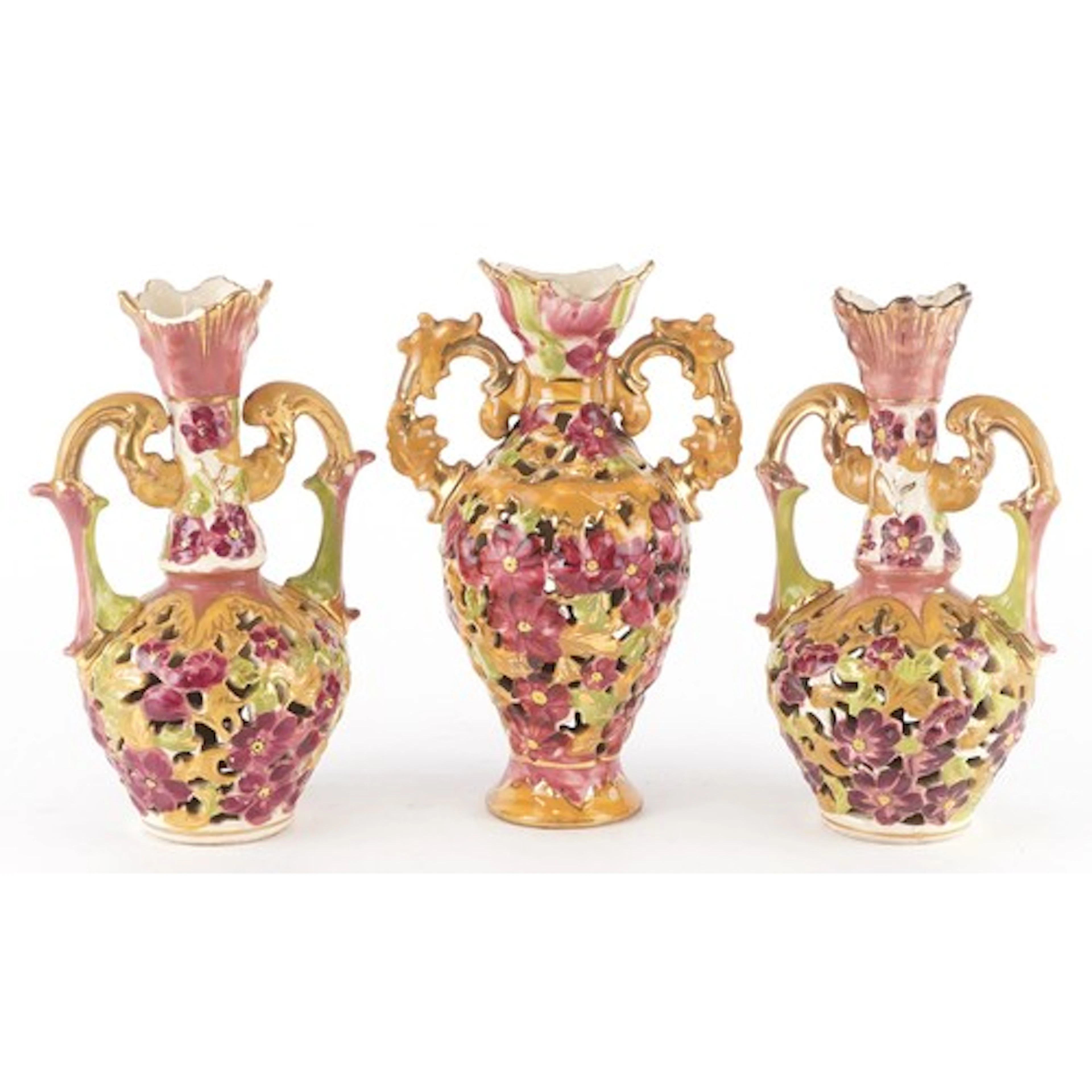 A garniture set of three Hungarian porcelain vases, possibly...