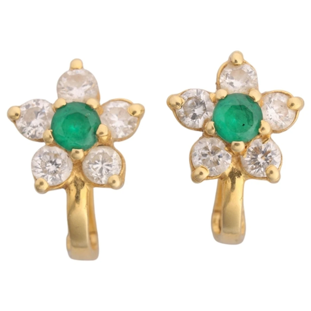 A pair of 18ct gold emerald and diamond flowerhead cluster e...