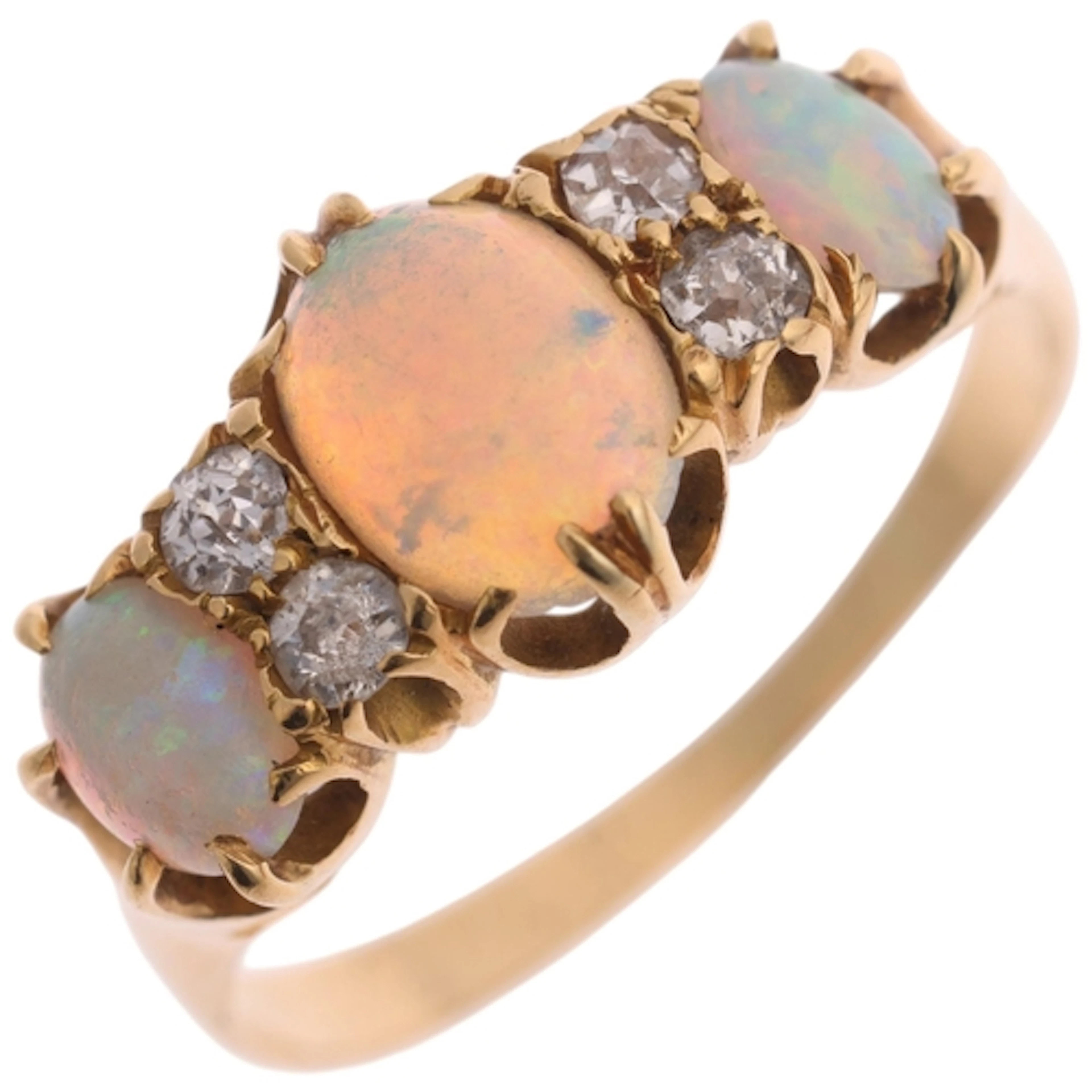 An Antique 18ct gold seven stone opal and diamond half hoop ...