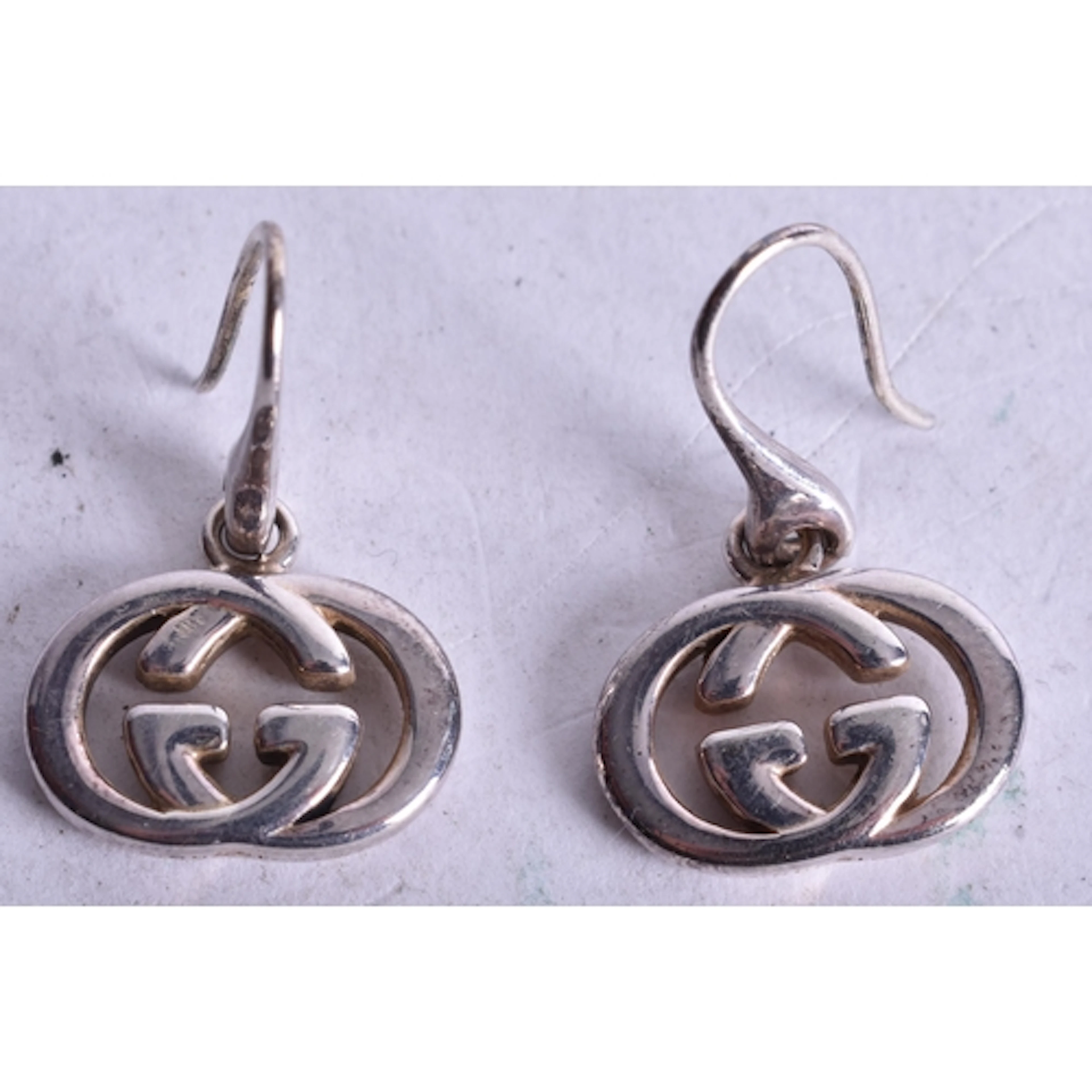 Gucci Sterling Silver Double G Logo Drop Earrings in Origina...