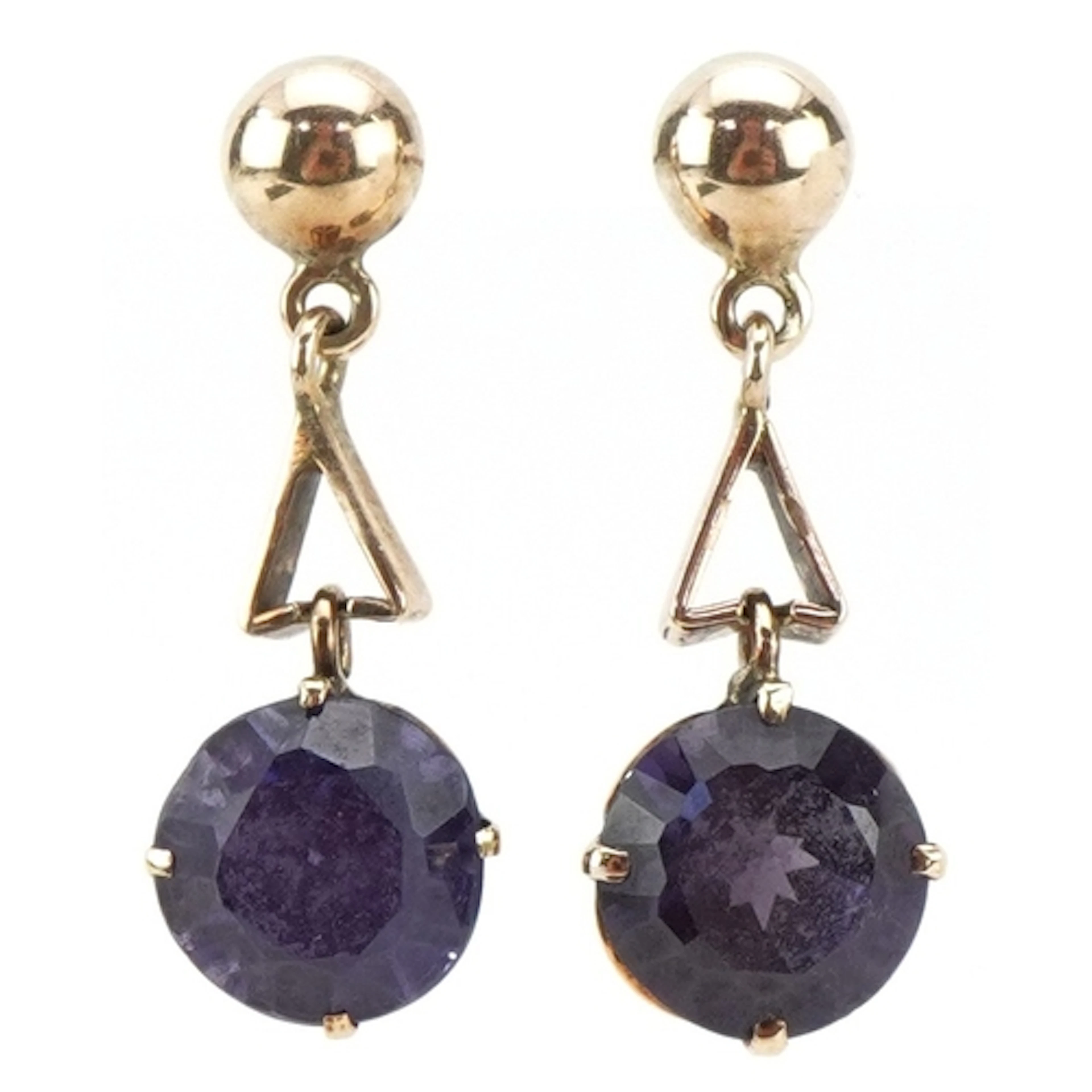 A pair of unmarked gold blue/purple stone drop earrings, pos...