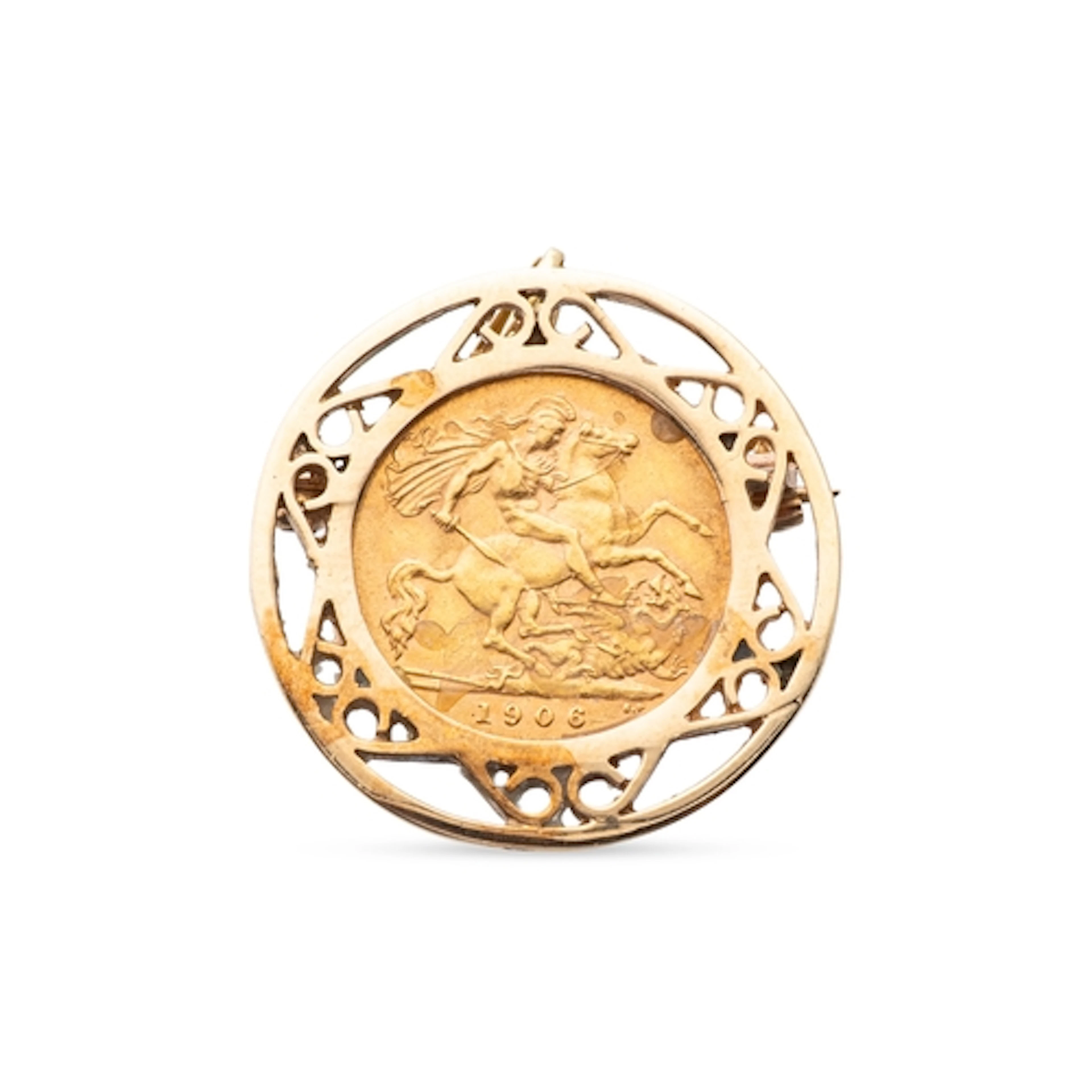AN ANTIQUE EDWARDIAN 22 CT. GOLD HALF SOVEREIGN COIN 1906, l...