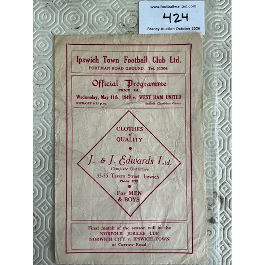 48/49 Ipswich v West Ham Friendly Football Programme: Good c...
