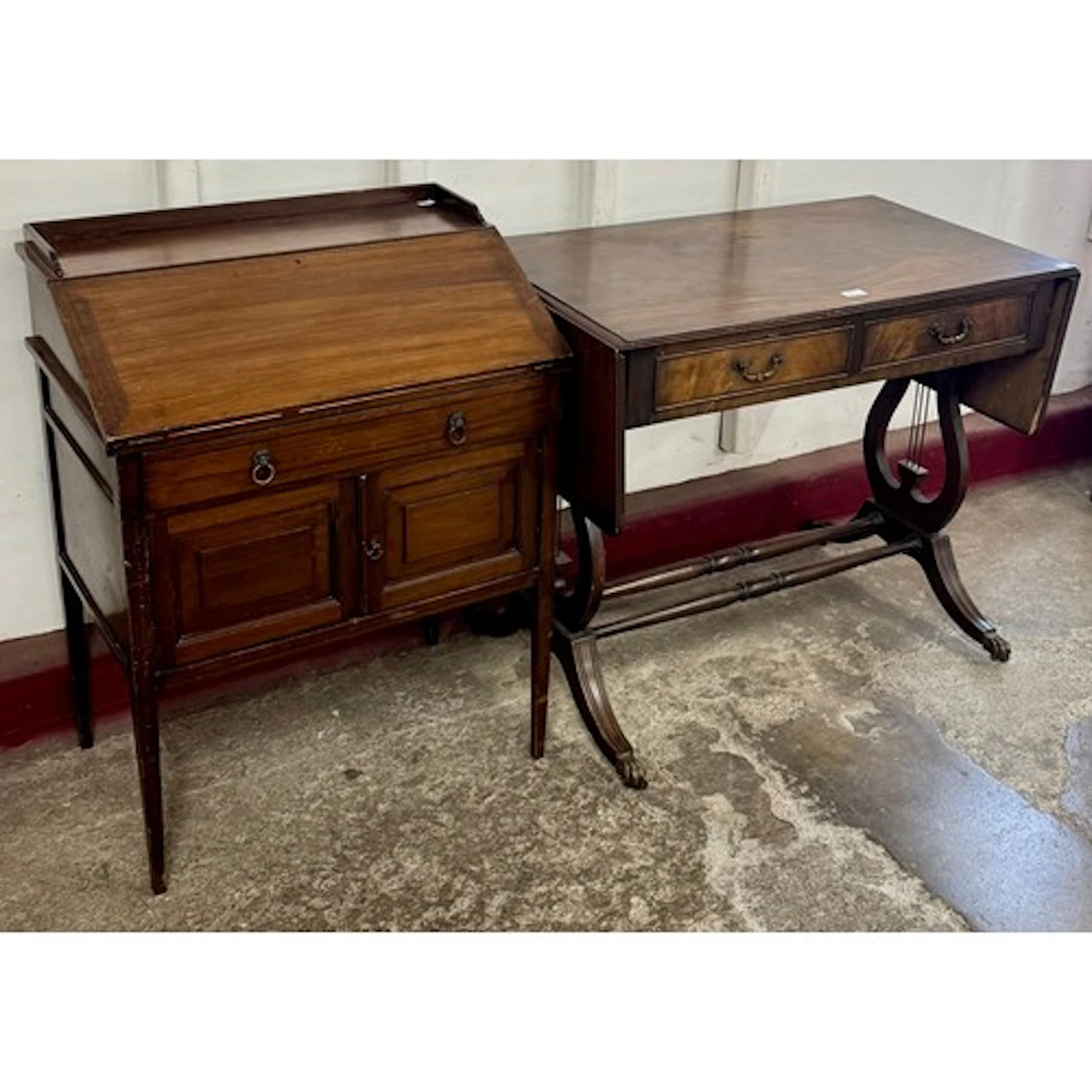 A small Edward VII mahogany bureau and a mahogany drop-leaf ...