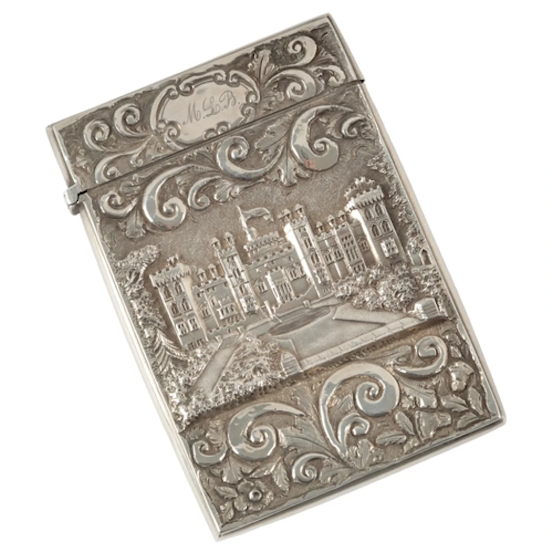 A Victorian silver castle top card case, by Nathaniel Mills,...