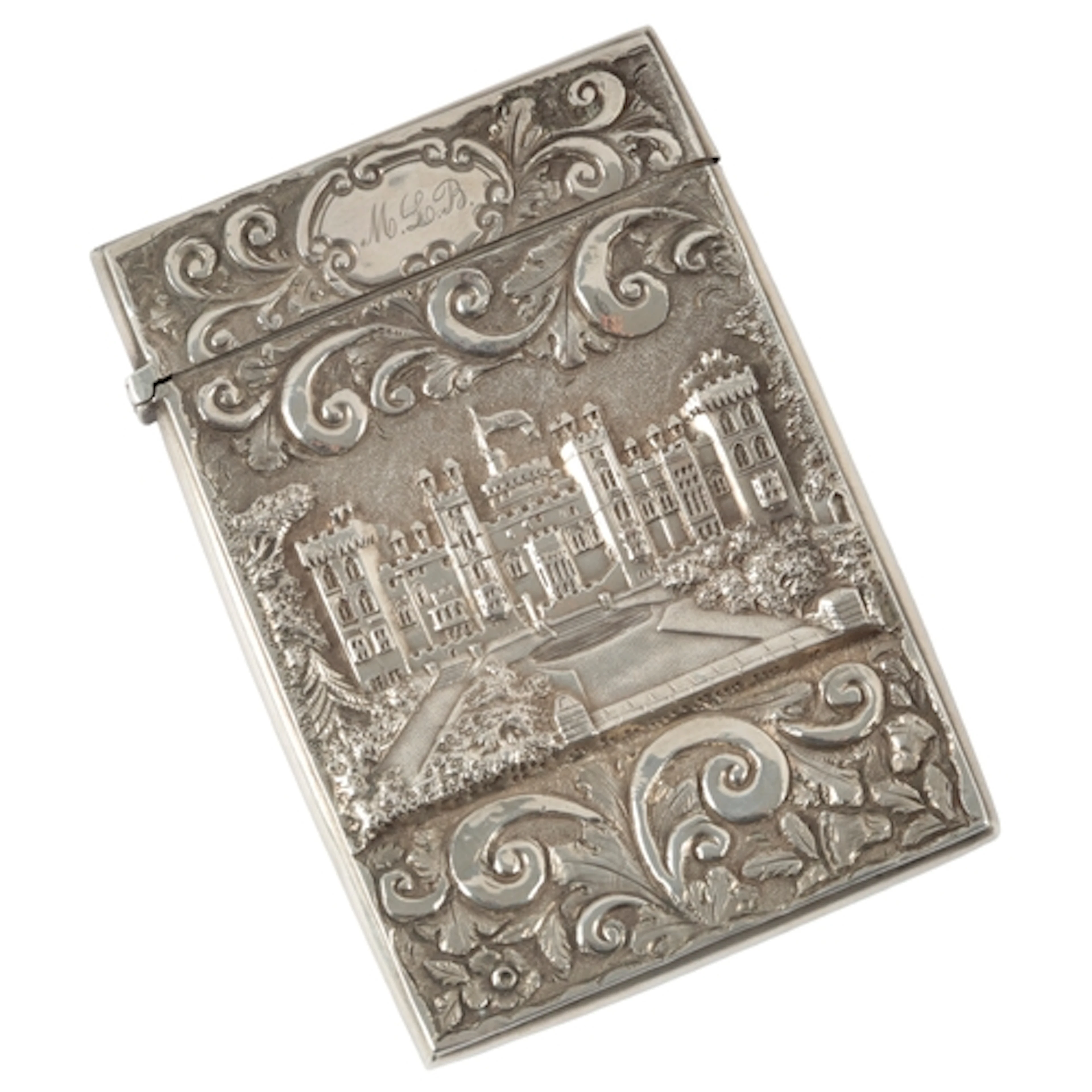 A Victorian silver castle top card case, by Nathaniel Mills,...