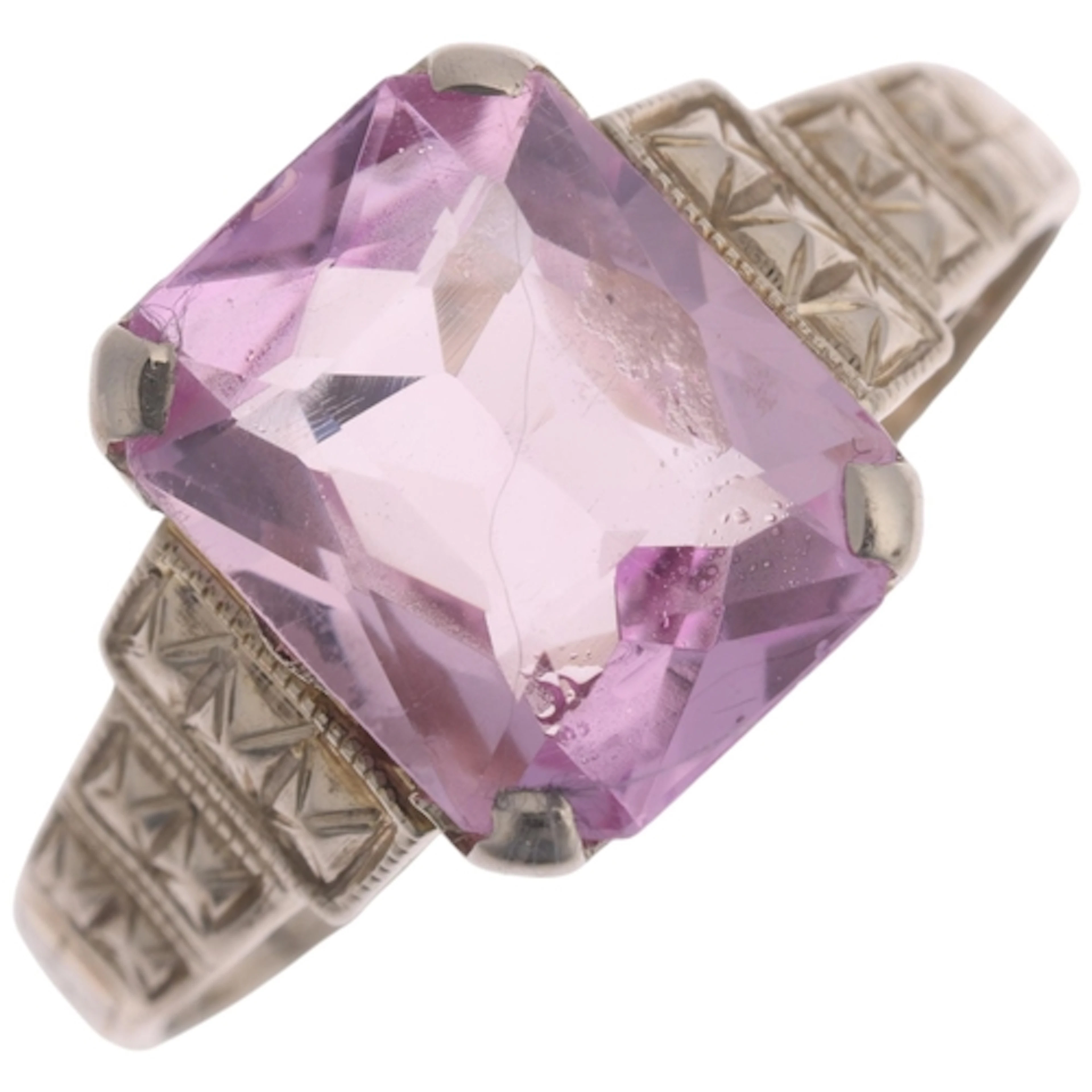 A 14ct white gold single stone pink synthetic sapphire ring,...