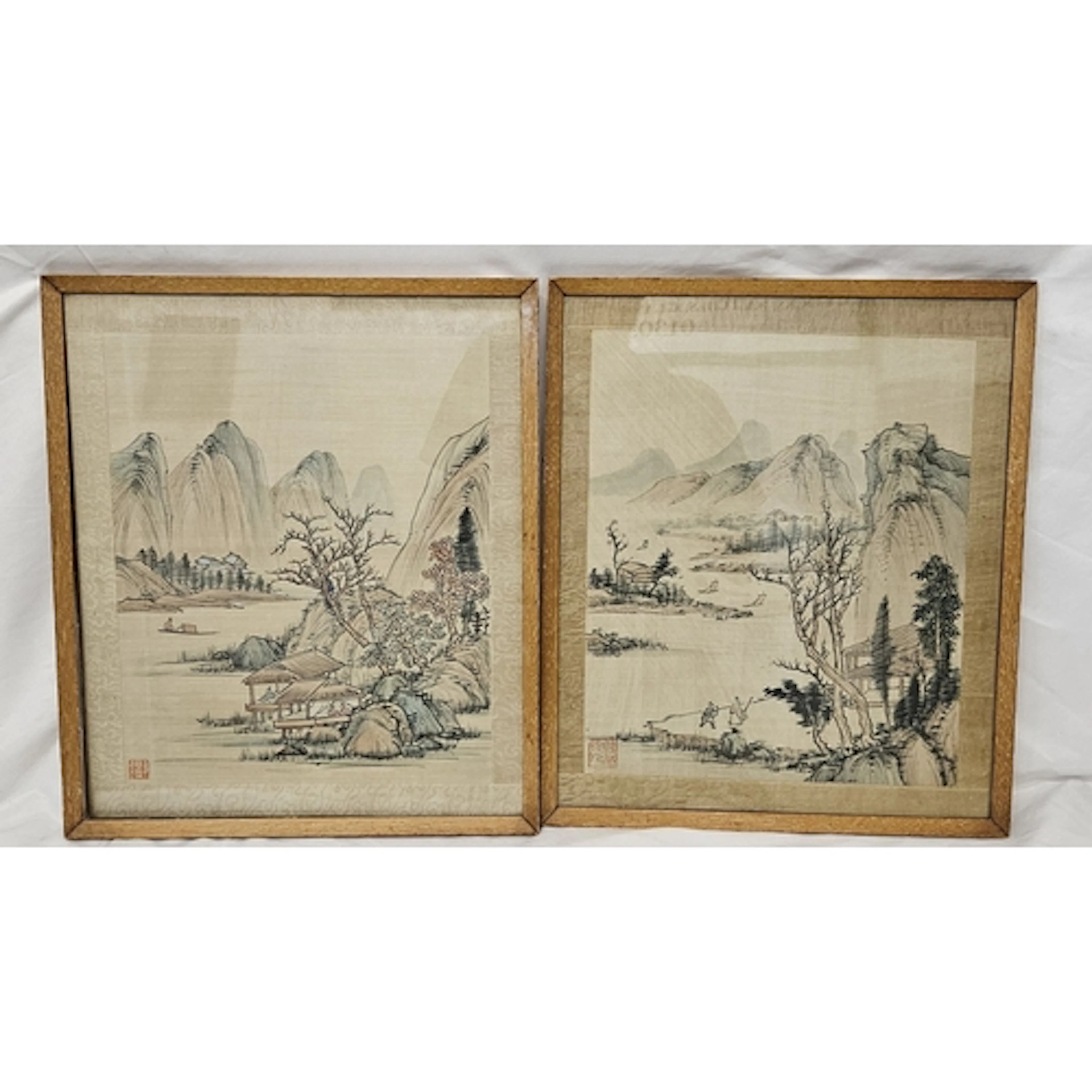 Pair F/g Chinese Ink on Silk Landscape Scenes, seal stamp in...