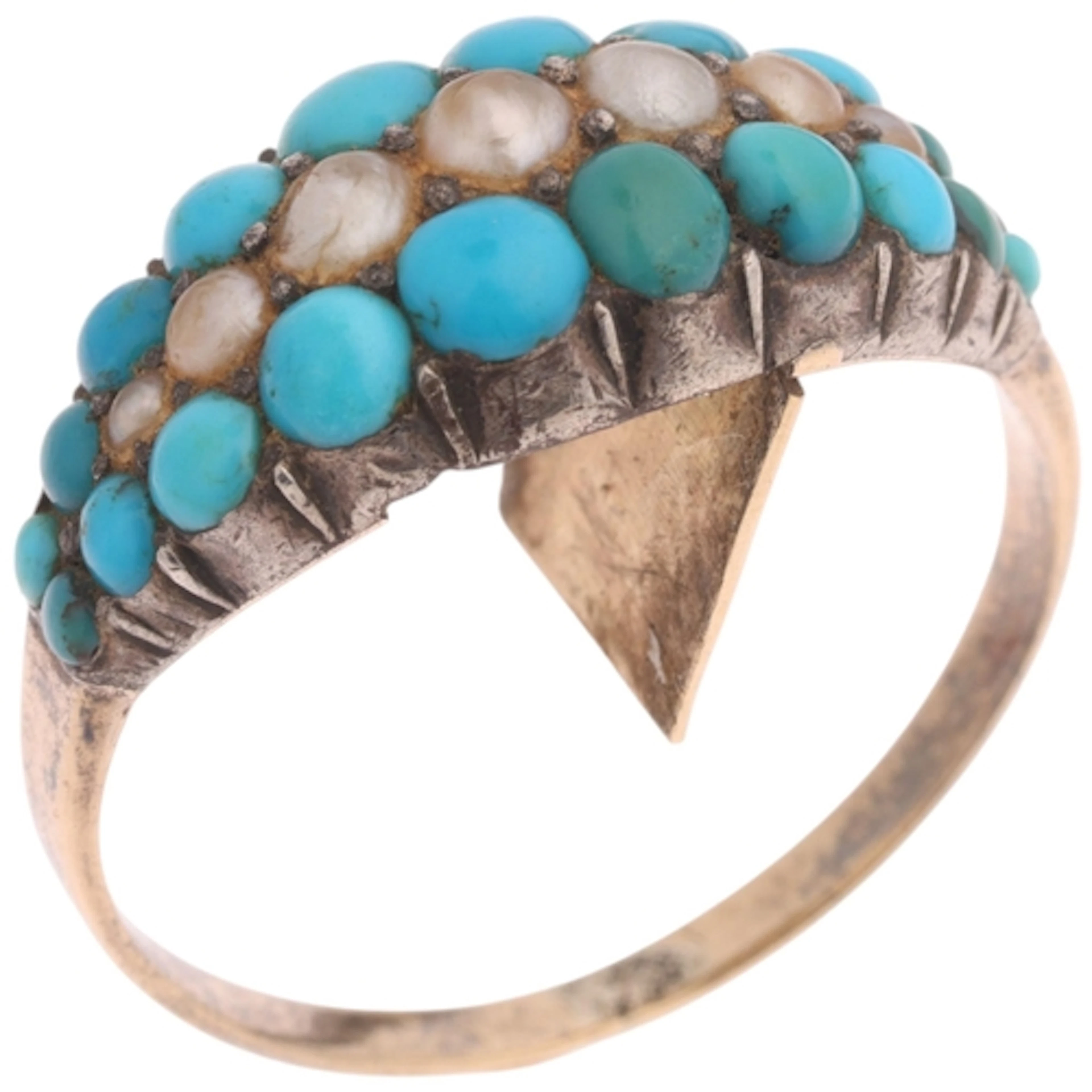 An Antique Victorian gold turquoise and pearl poison ring, c...