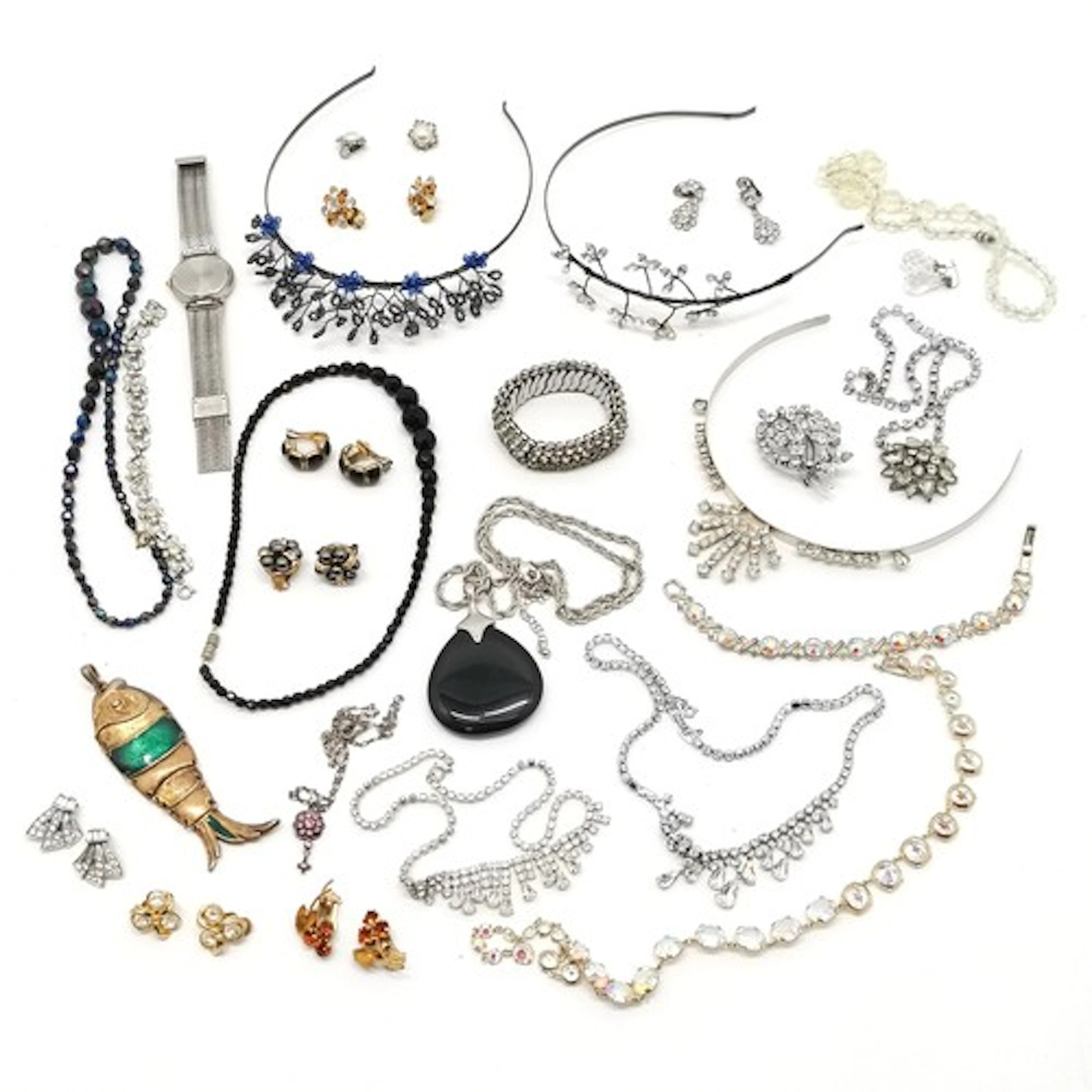 Small qty of costume jewellery inc 3 x tiaras, large fish pe...