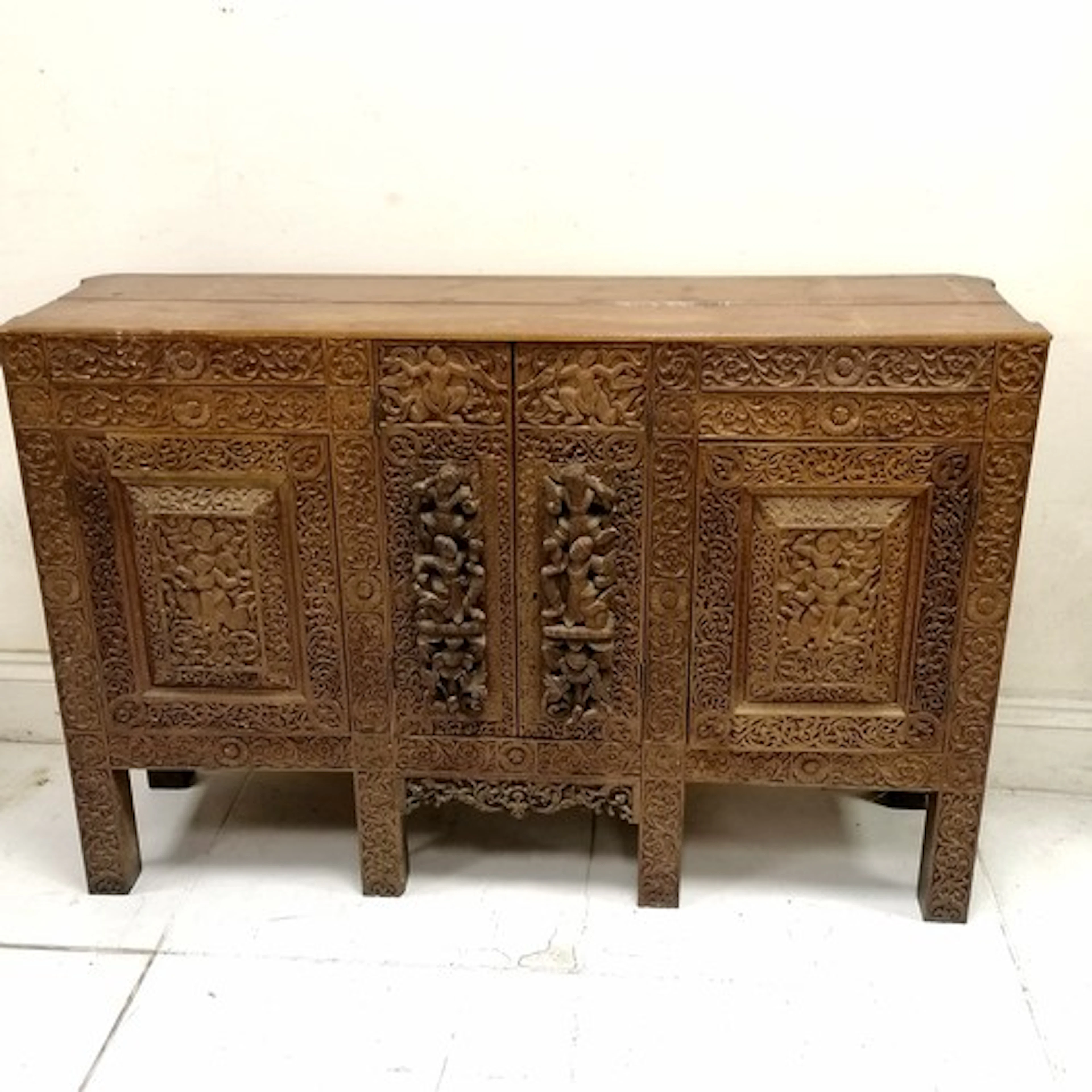 Antique Indian profusely carved cupboard base 133cm long x 8...