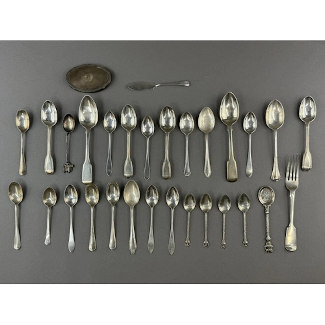 Silver: four picture back teaspoons, four Victorian eggspoon...