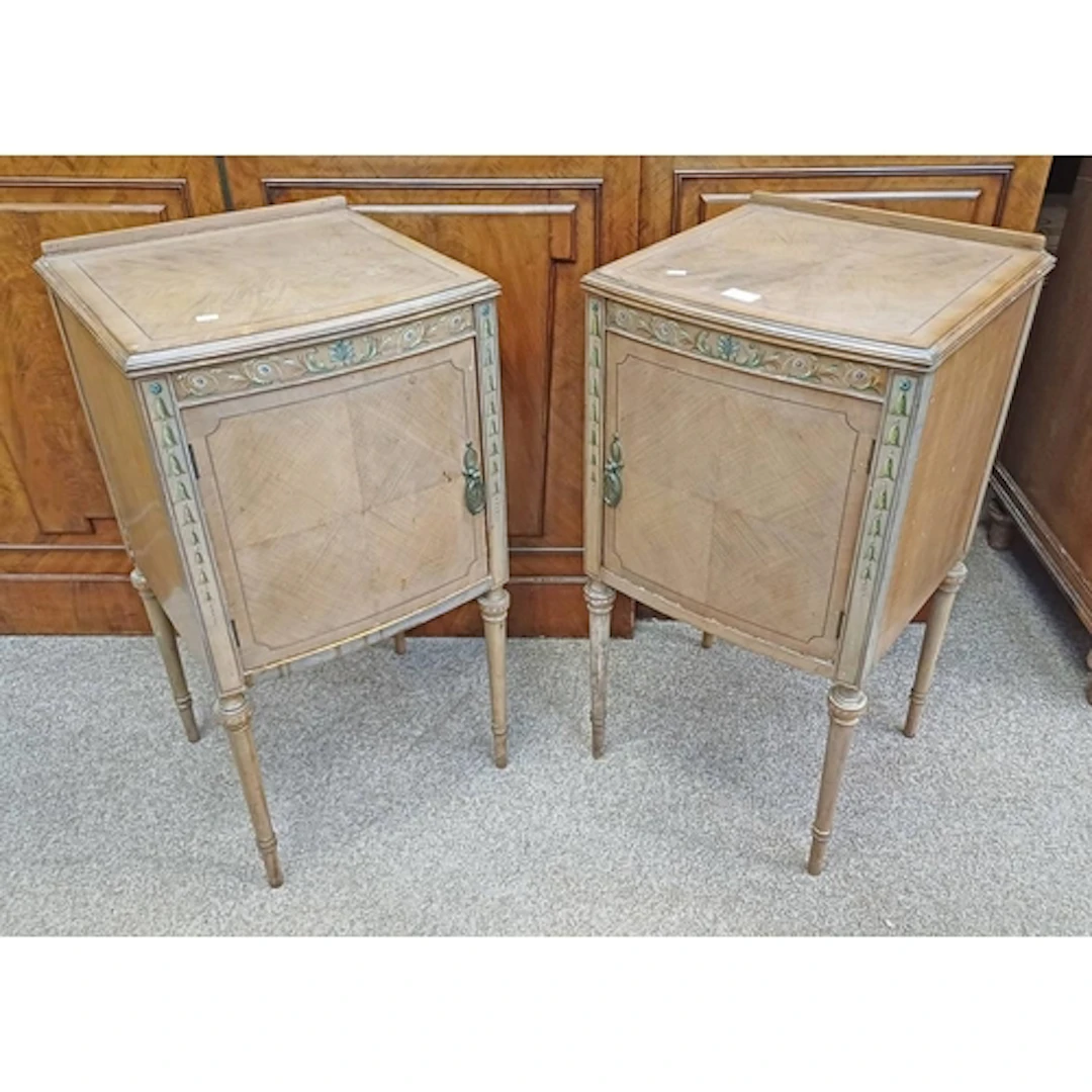 PAIR OF REGENCY STYLE SATIN SINGLE DOOR BEDSIDE CABINETS WIT...