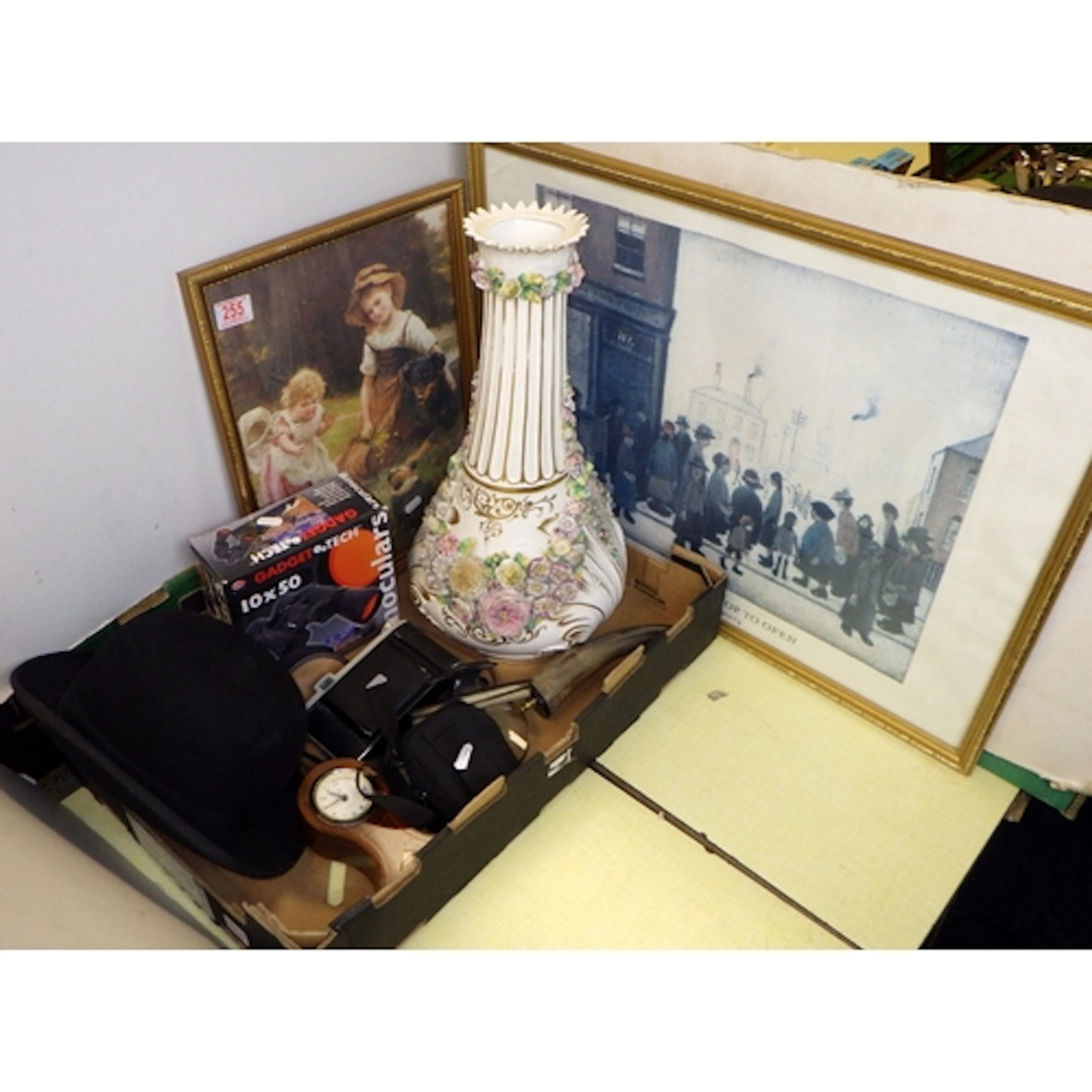 A Lowry framed poster, clock, bowler hat, camera etc