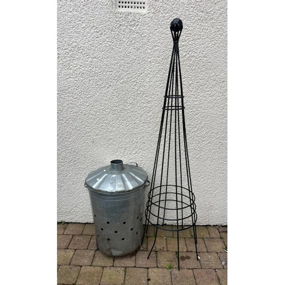 Garden metal incinerator and garden trellis.