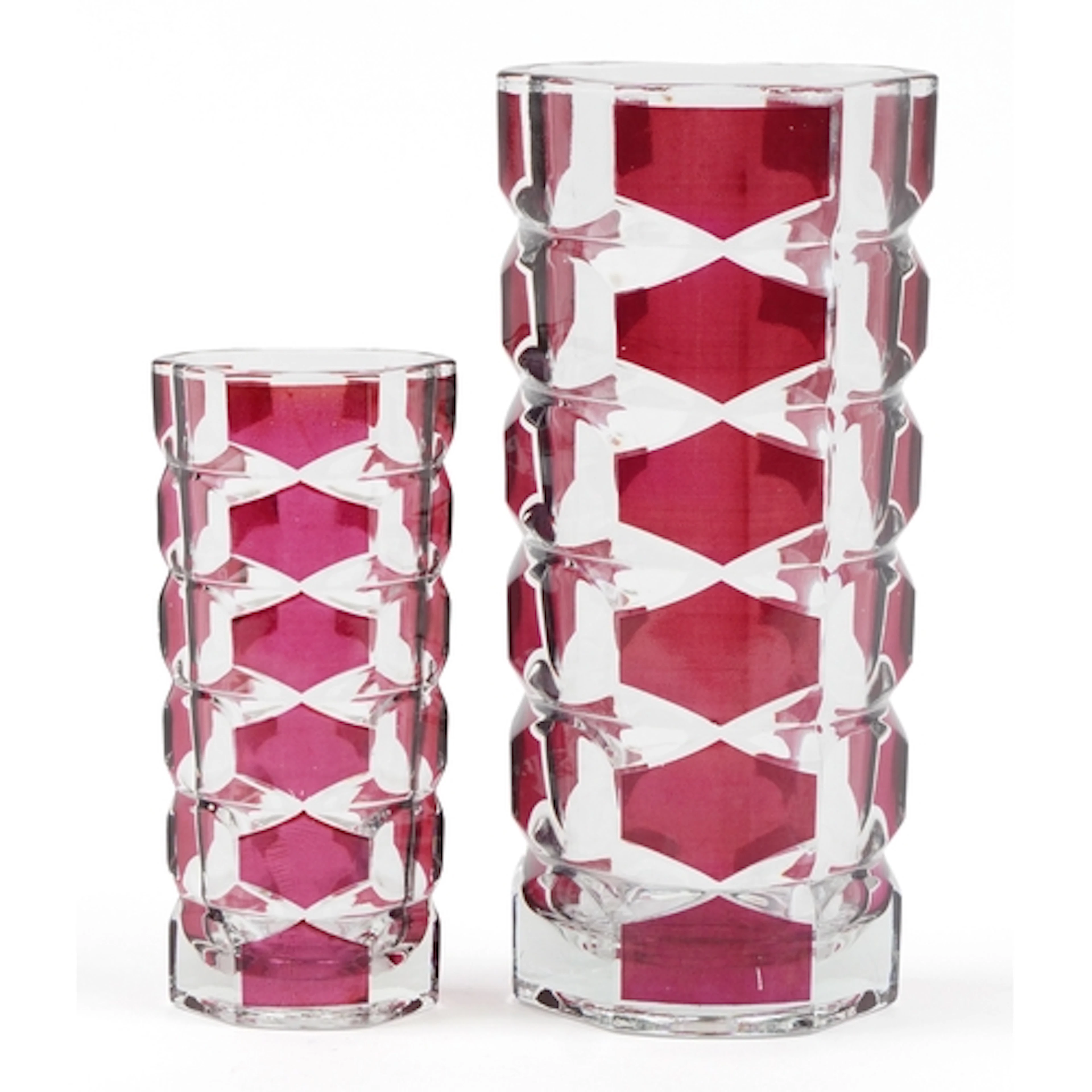 Two mid 20th century Luminarc glass vases with red flash ove...