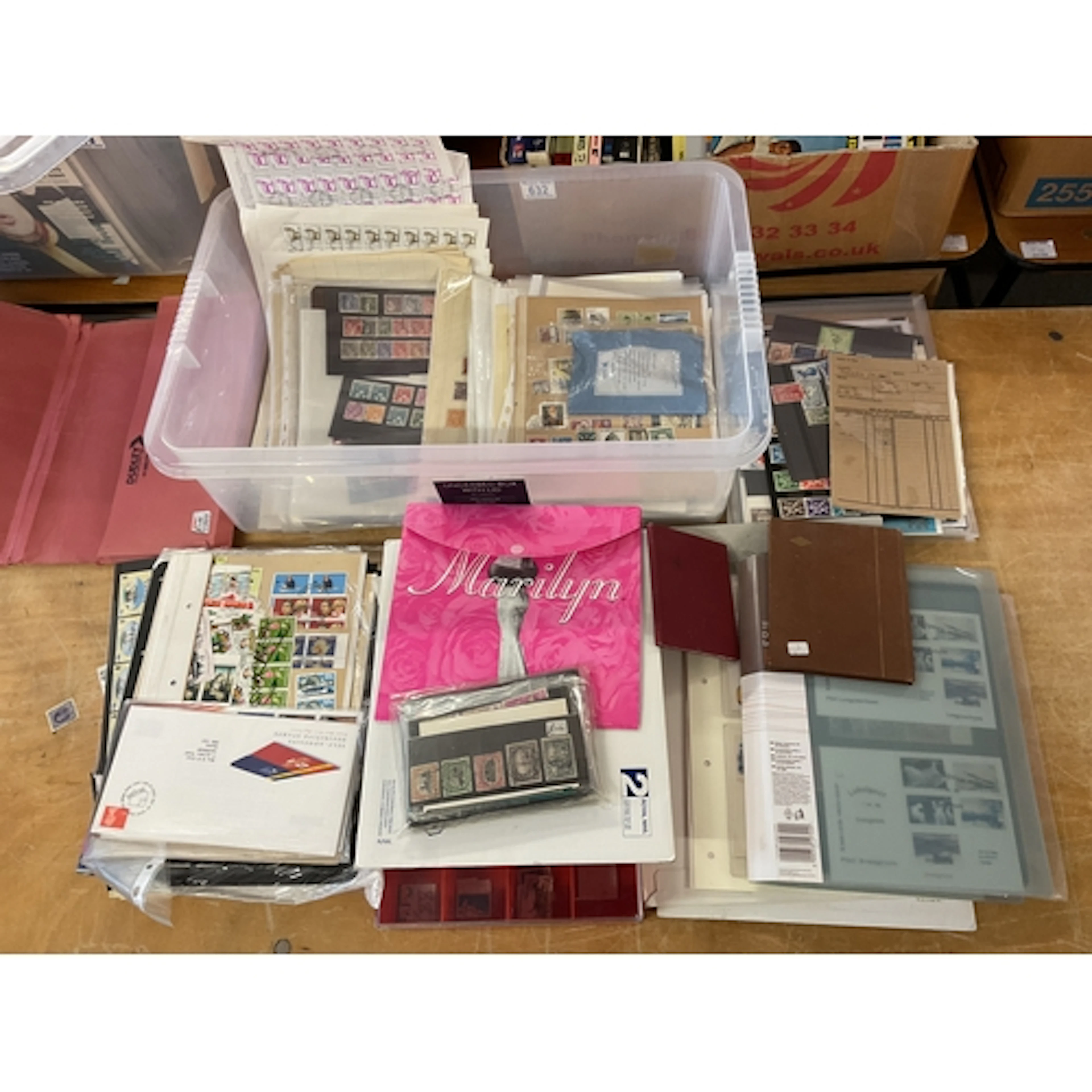 Box of stamps, loose, Marilyn Monroe sheet, sheets, albums, ...