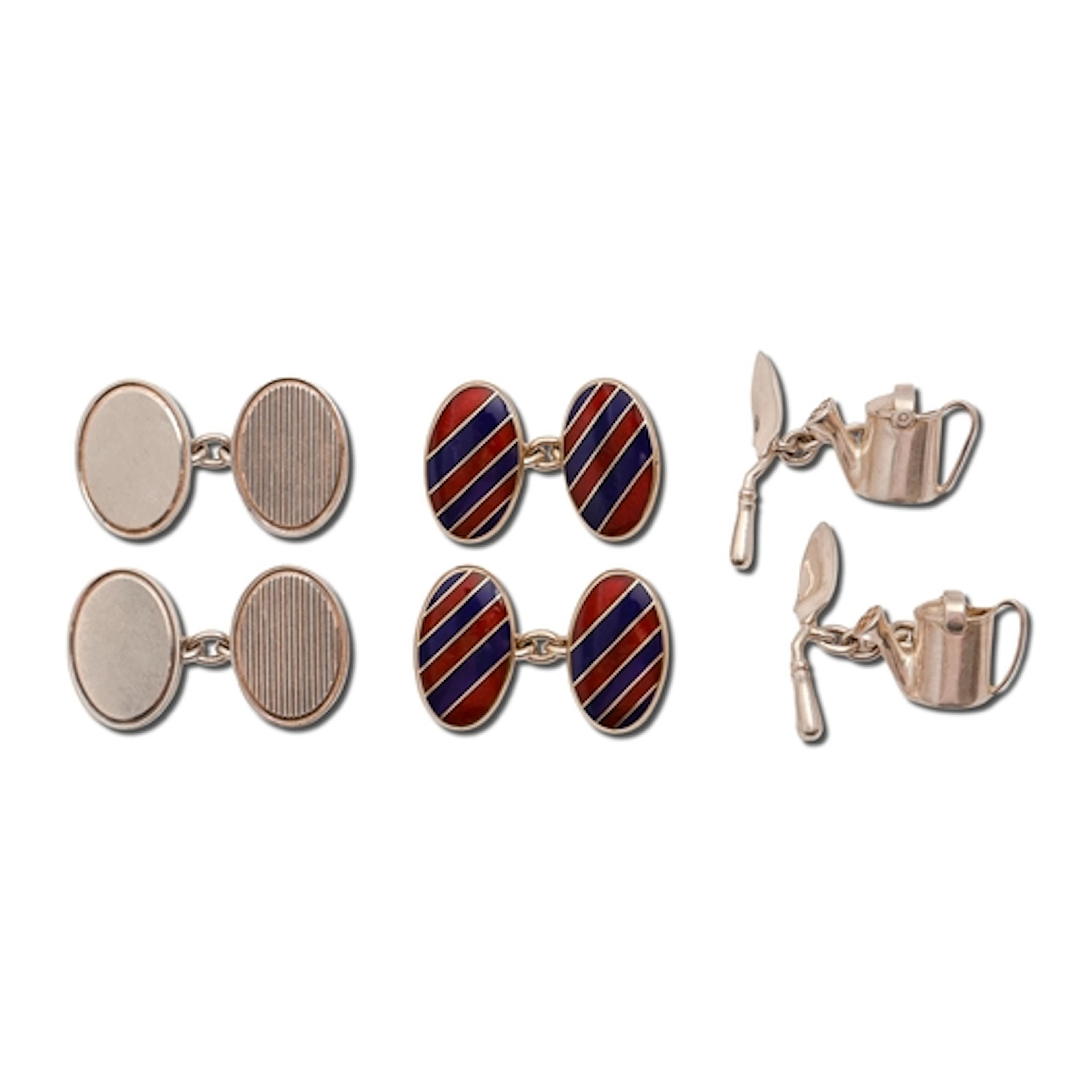Three pairs of silver and silver and striped enamel cufflink...