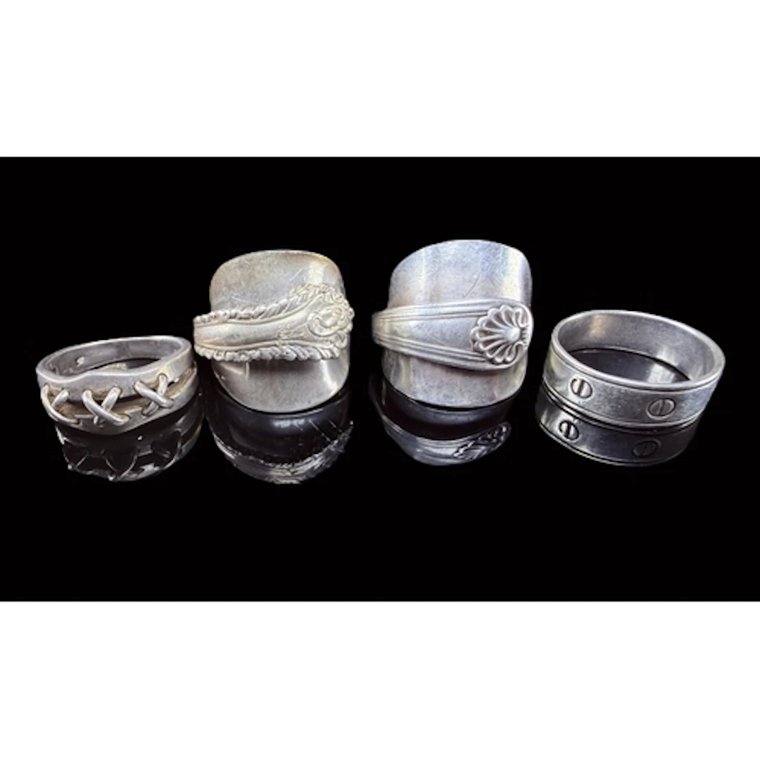 Four gents rings two hall marked silver spoon rings and two ...
