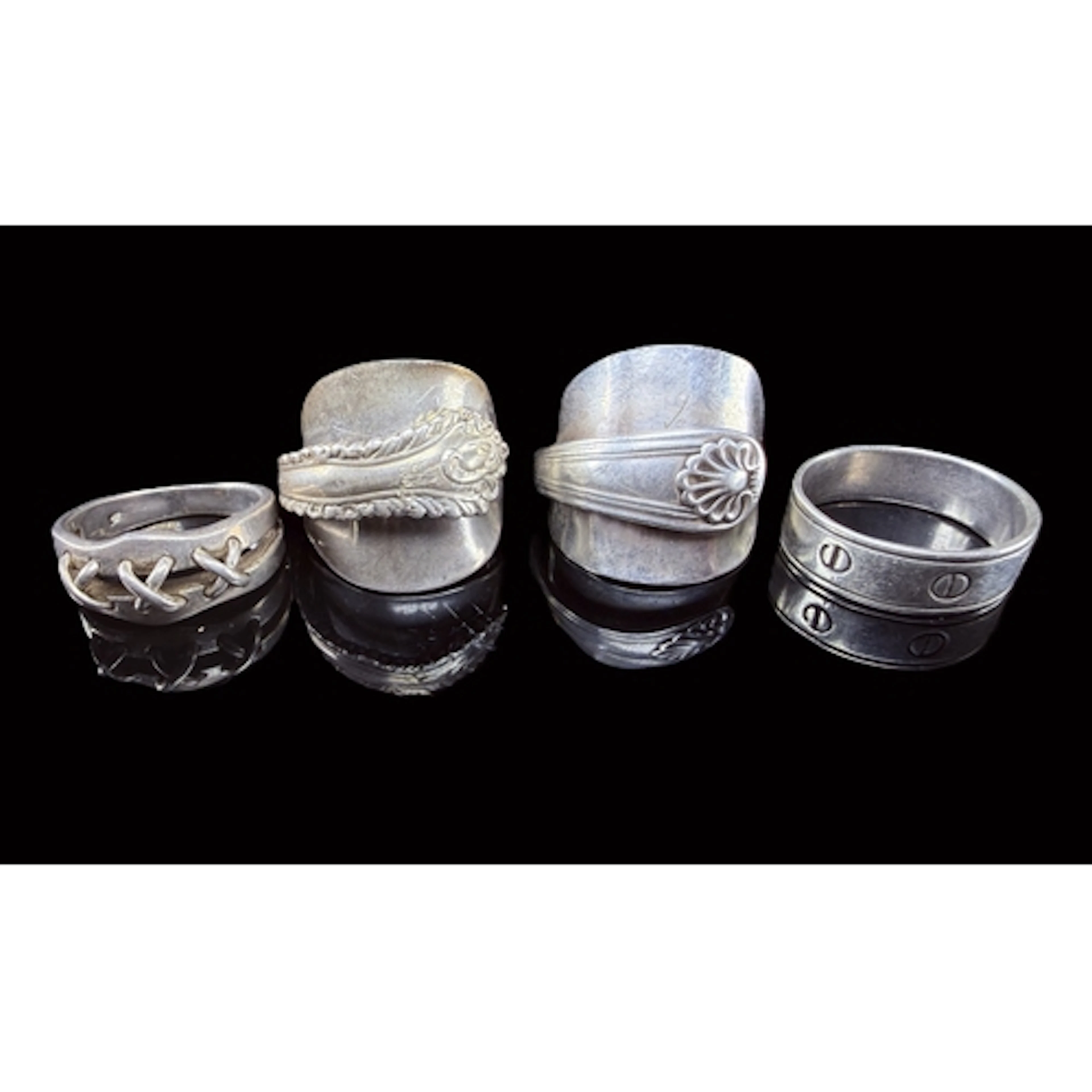 Four gents rings two hall marked silver spoon rings and two ...