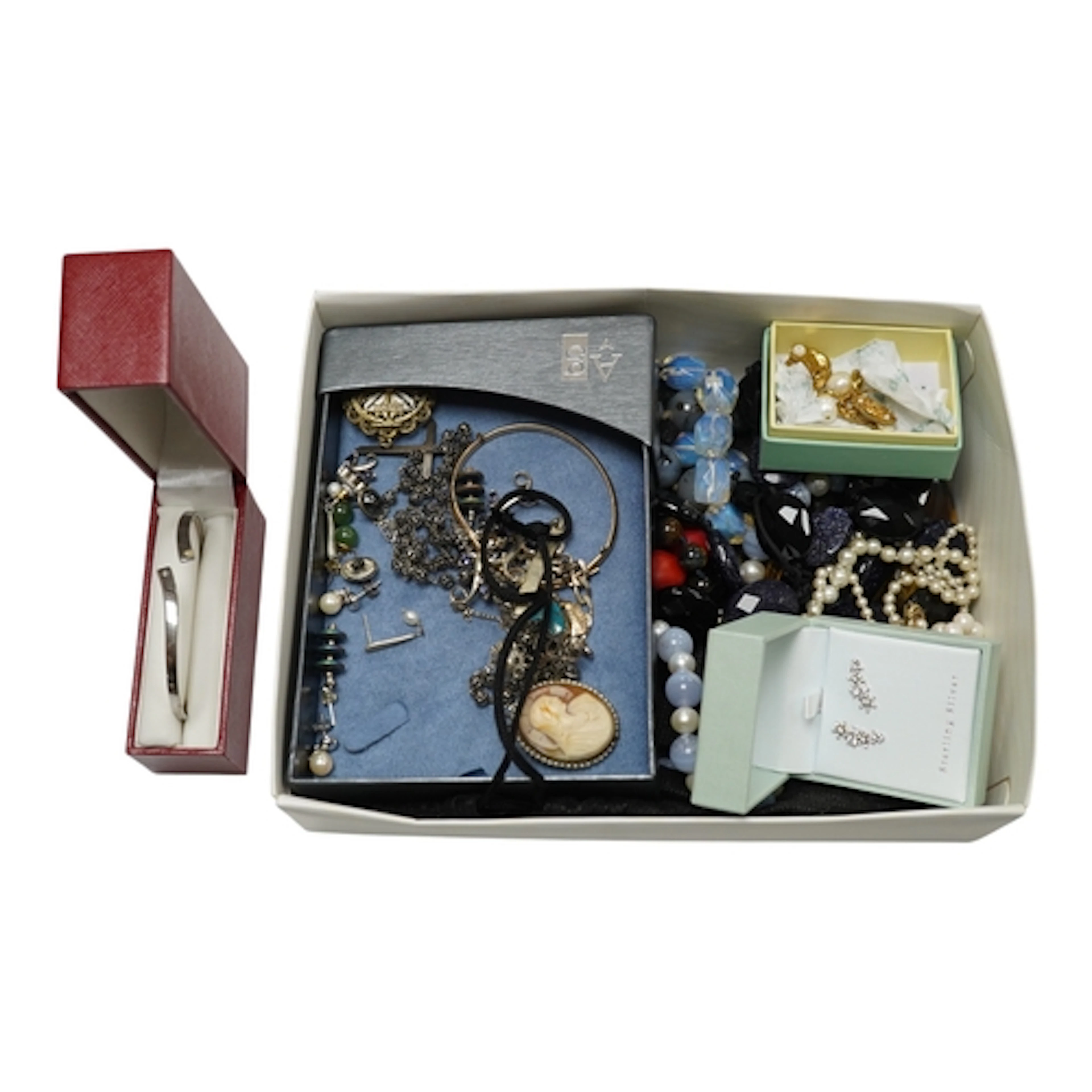A collection of silver and costume jewellery, including a si...