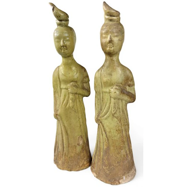 Two early Chinese straw glazed funerary figures of standing ...