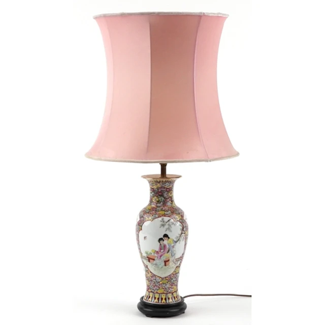 Chinese porcelain table lamp hand painted with figures and f...