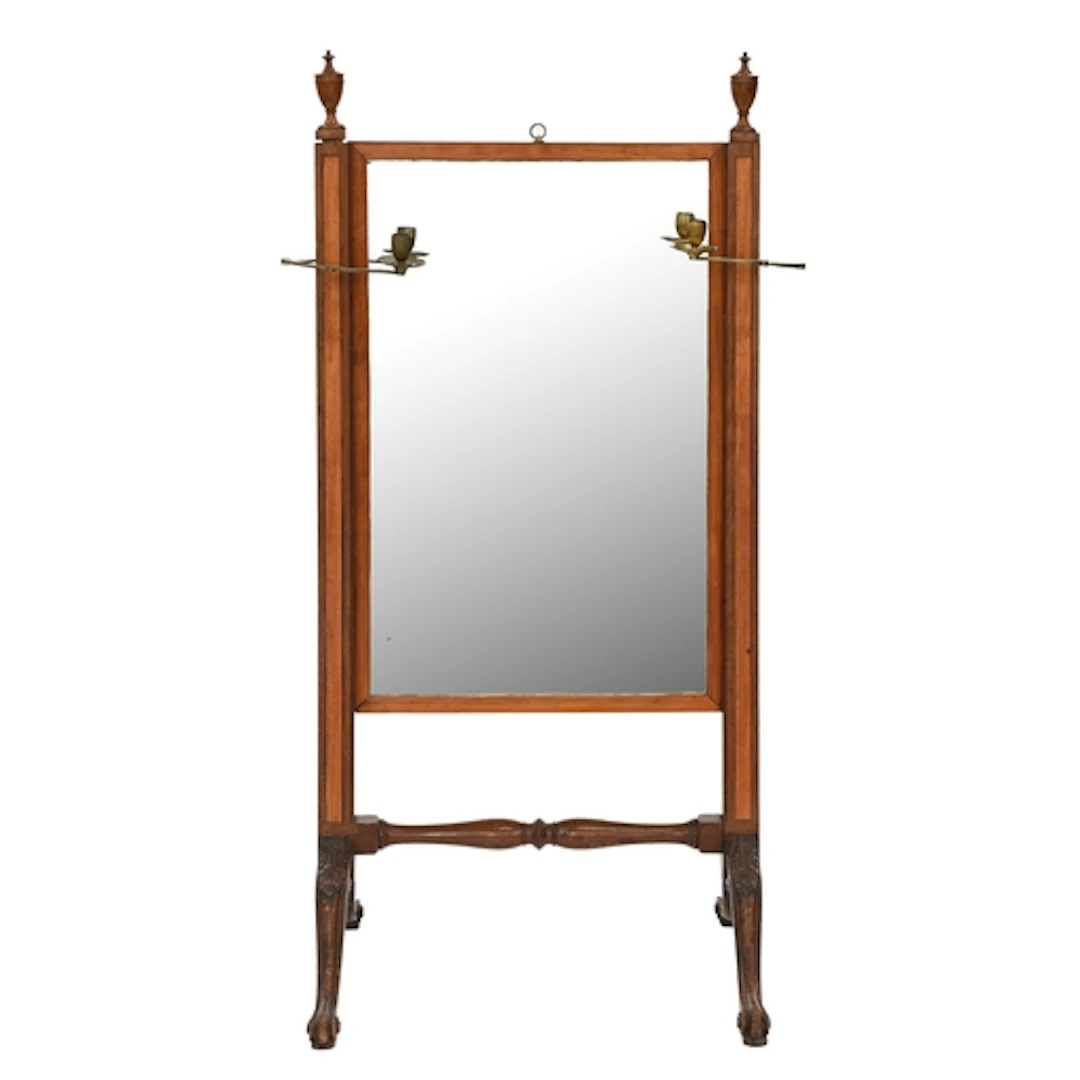 A George IV mahogany, satinwood and line inlaid cheval mirro...